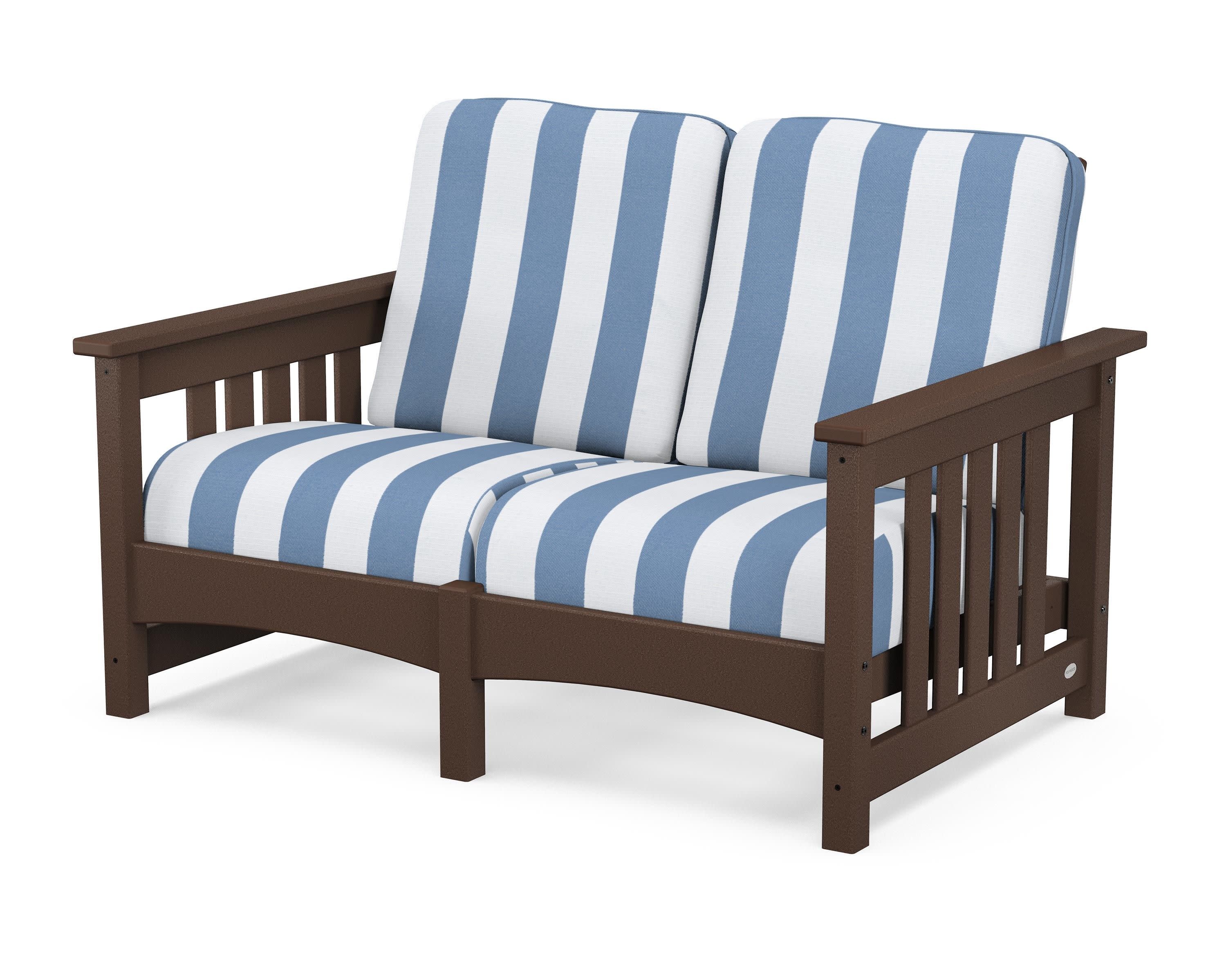 Club Mission Loveseat in Mahogany / Cabana Stripe Sky Blue