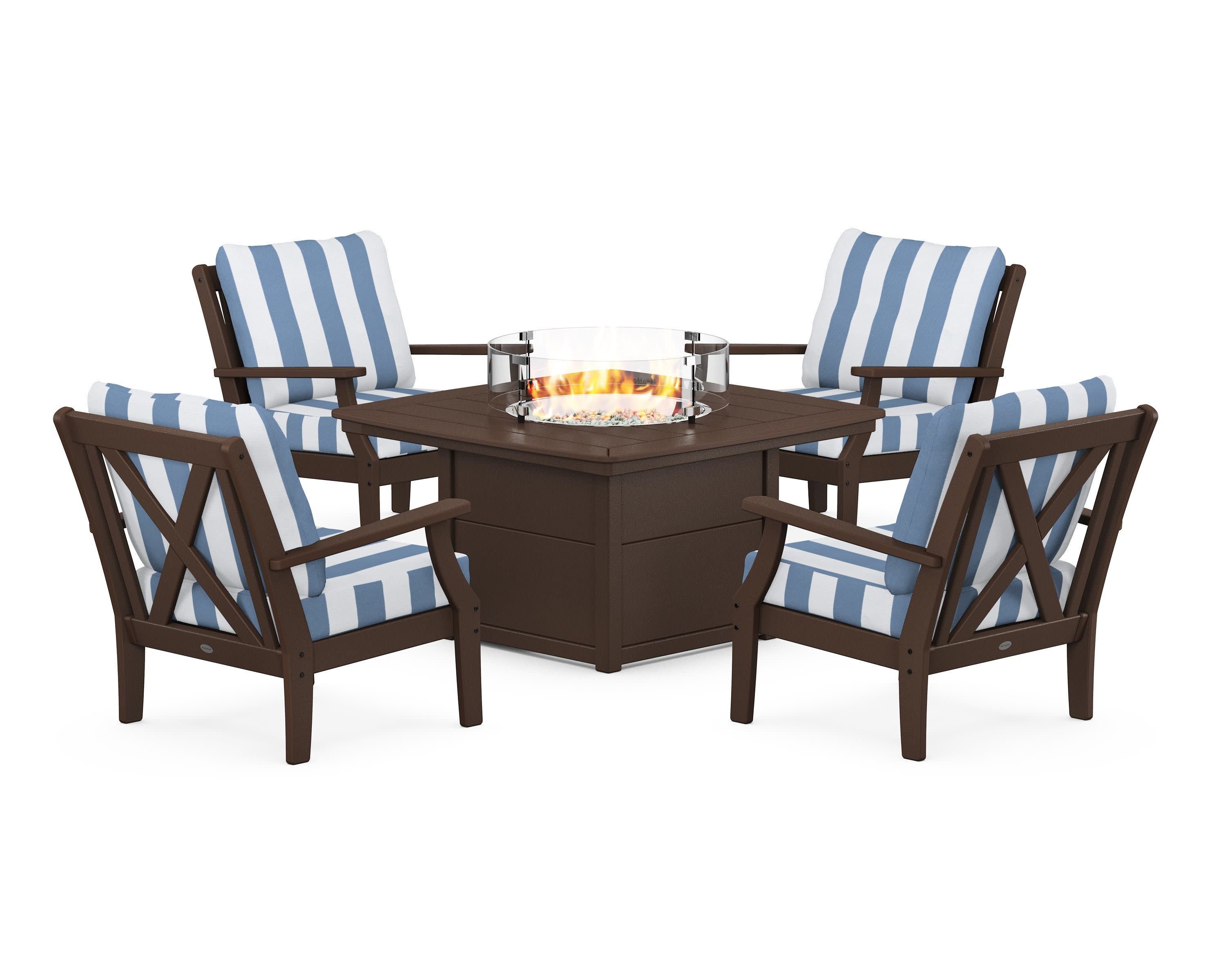 Braxton 5-Piece Deep Seating Conversation Set with Fire Pit Table in Mahogany / Cabana Stripe Sky Blue