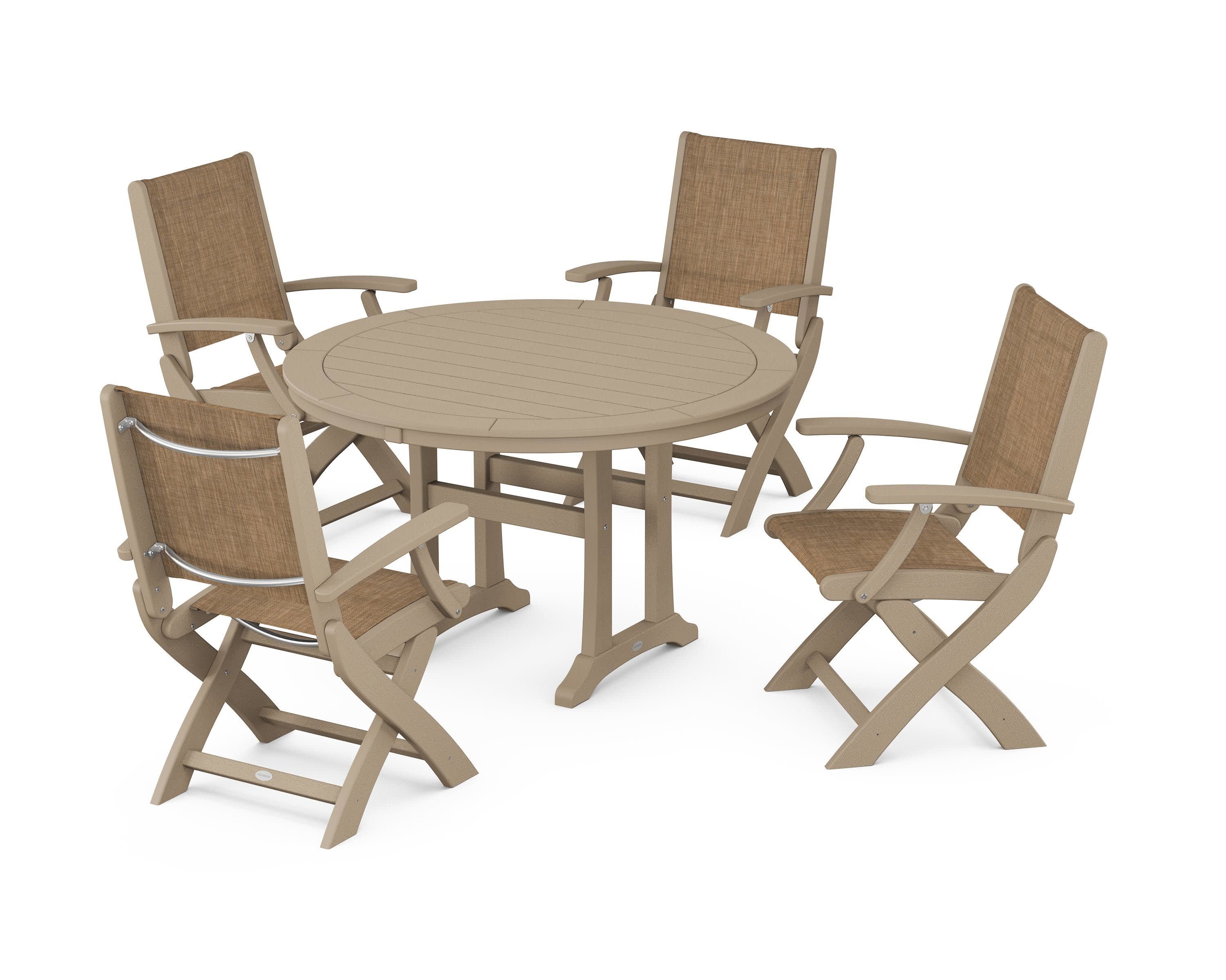 Coastal Folding Chair 5-Piece Round Dining Set with Trestle Legs in Vintage Sahara / Burlap Sling