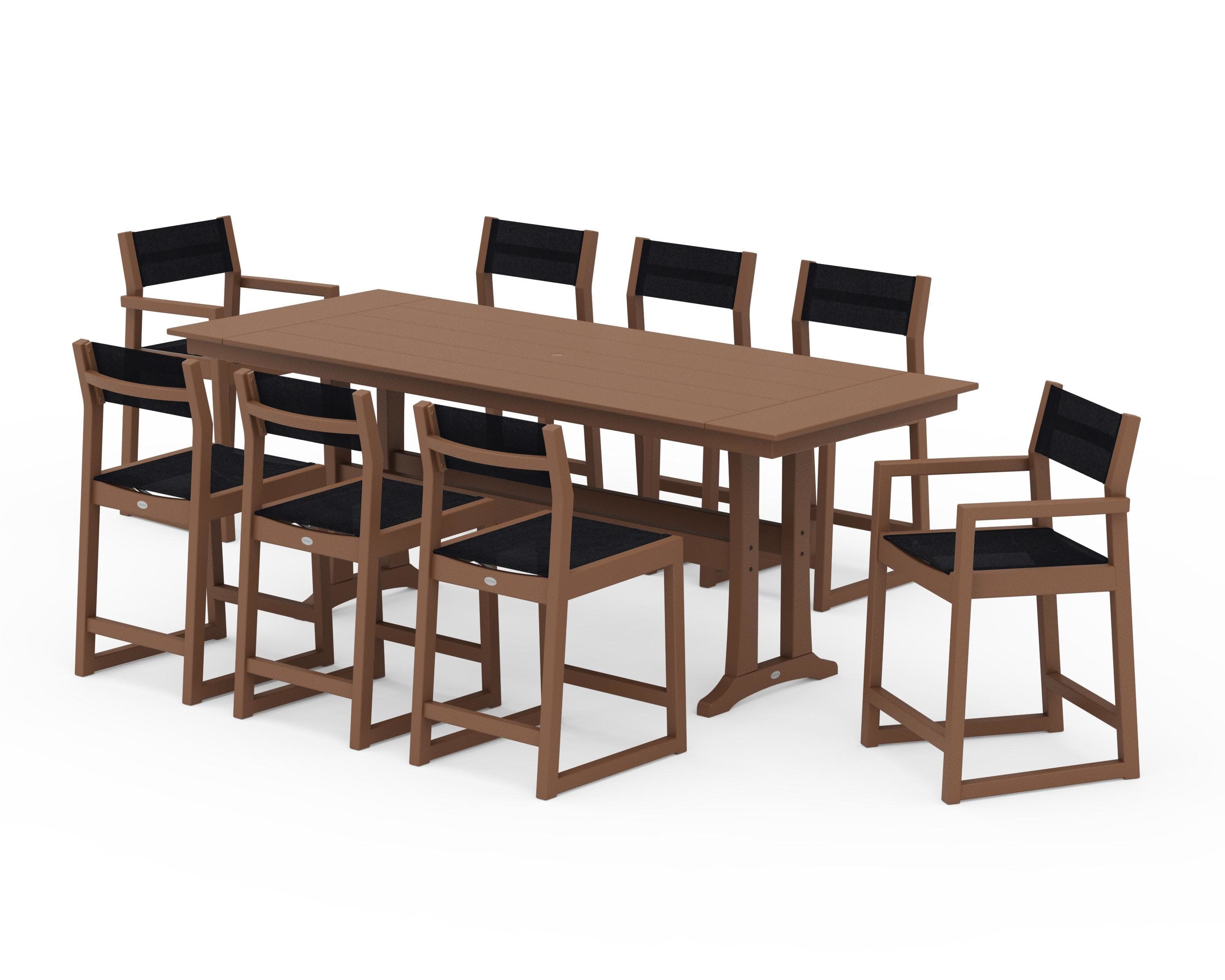EDGE Sling 9-Piece Farmhouse Counter Set with Trestle Legs in Teak / Black Sling