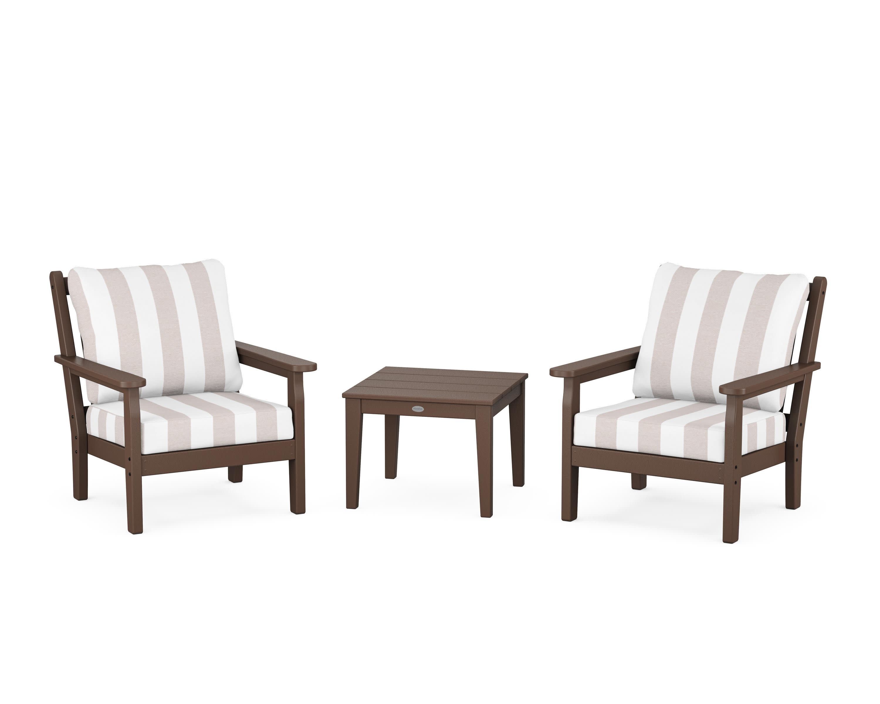 Chippendale 3-Piece Deep Seating Set in Mahogany / Cabana Stripe Dune Burlap