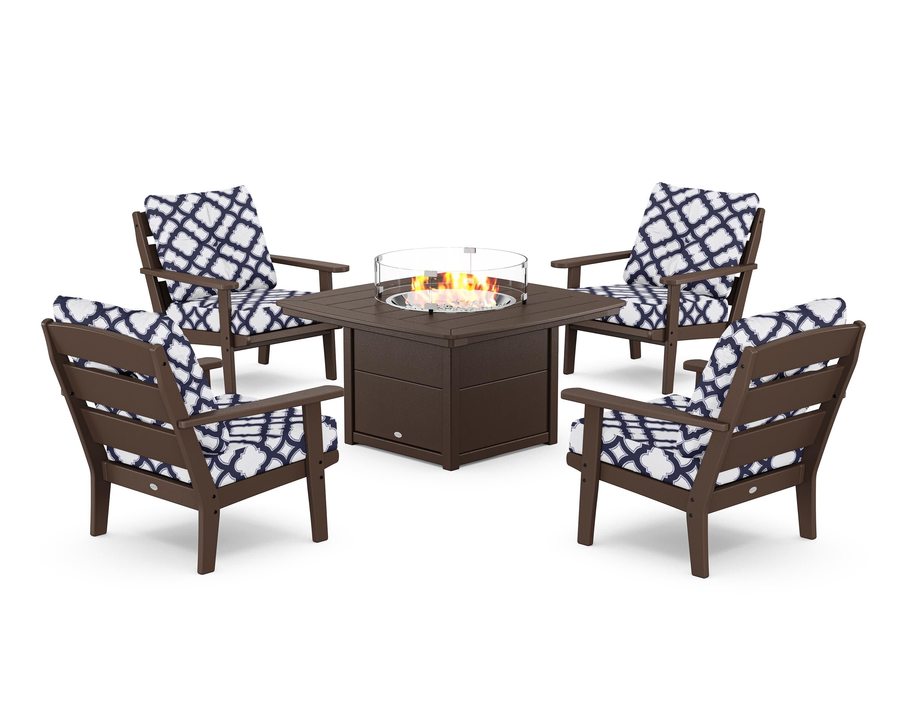 Lakeside 5-Piece Deep Seating Set with Nautical Fire Pit Table in Mahogany / Trellis Navy
