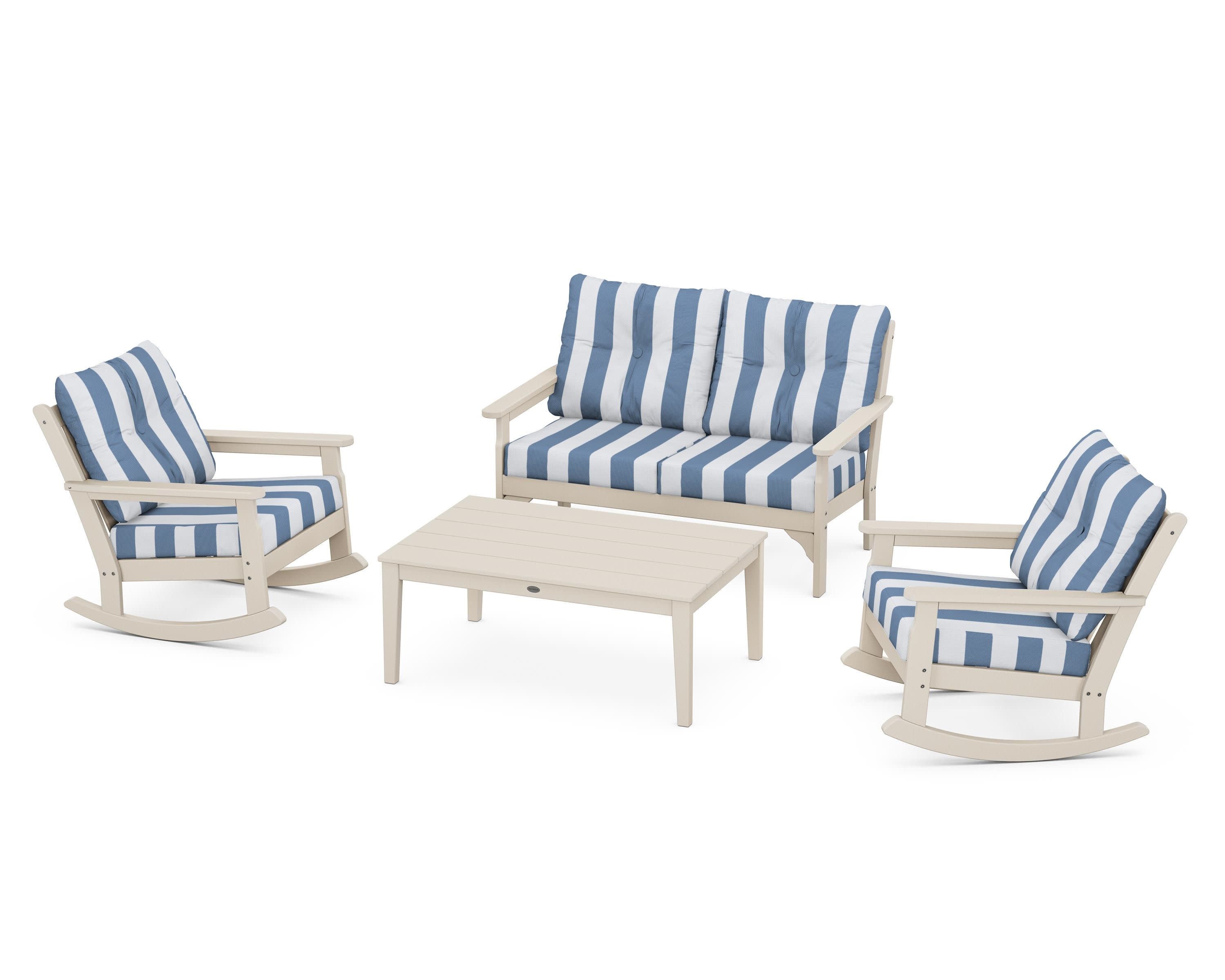 Vineyard 4-Piece Deep Seating Rocking Chair Set in Sand / Cabana Stripe Sky Blue