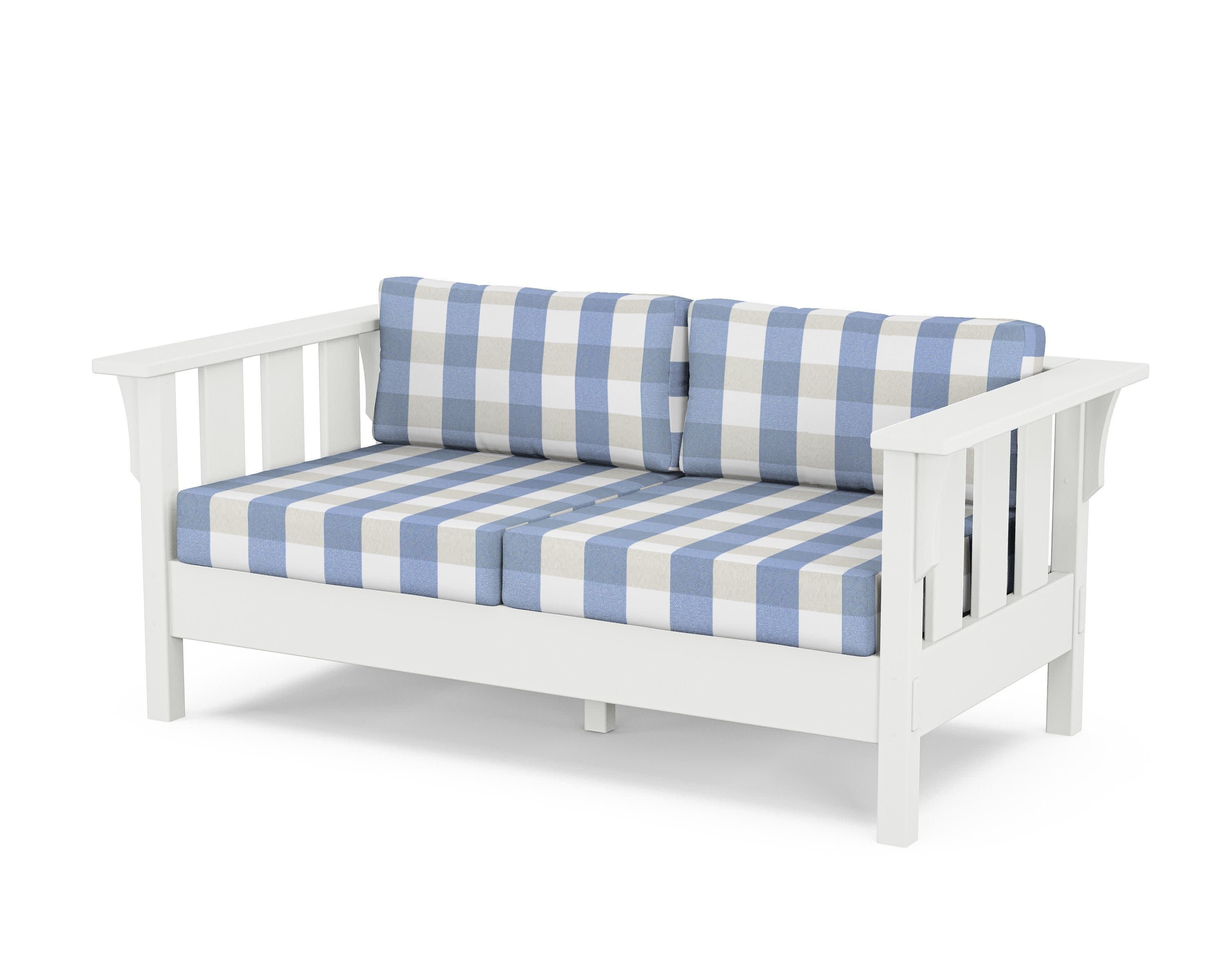 Acadia Deep Seating Loveseat in White / Buffalo Plaid Sky Blue