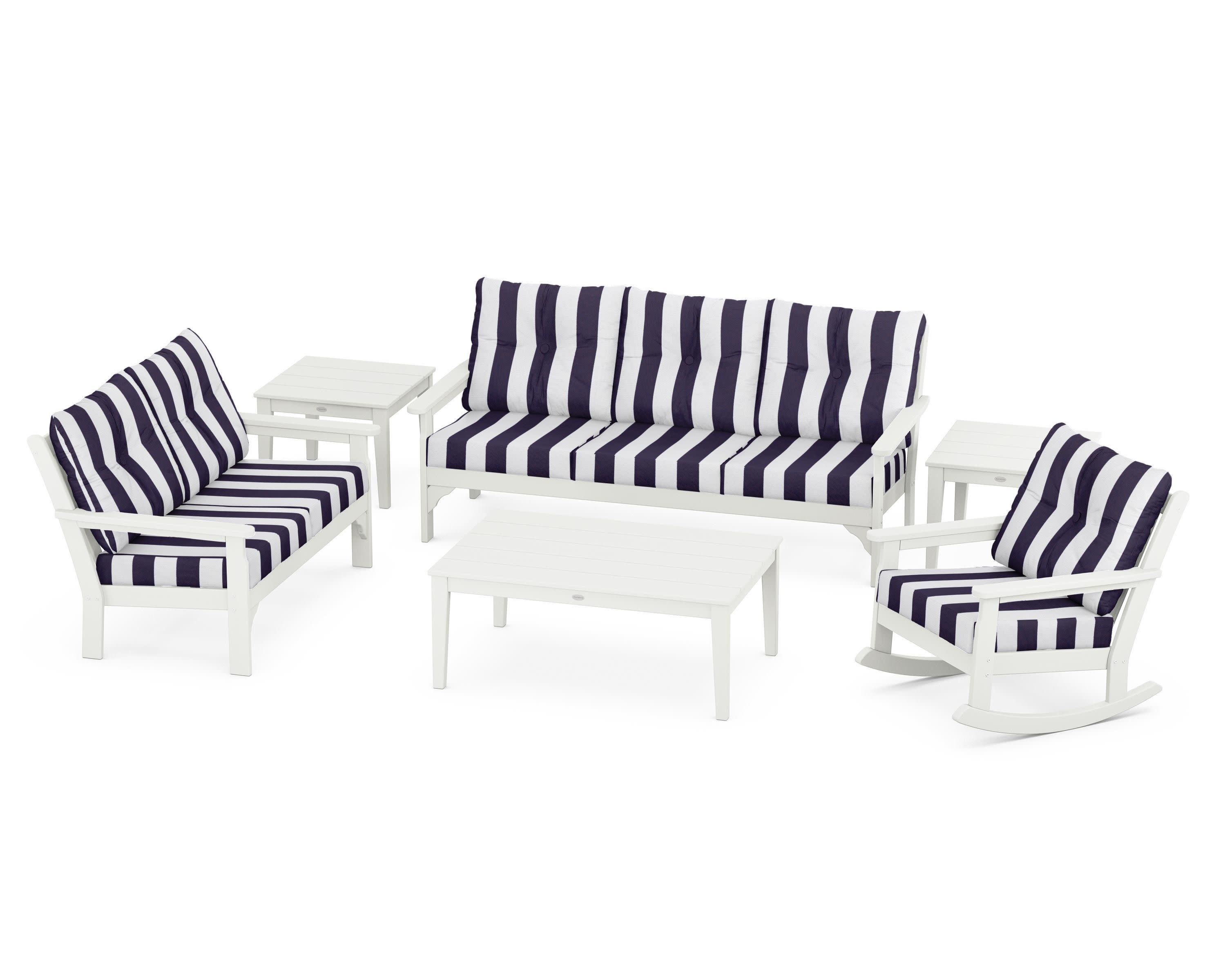 Vineyard 6-Piece Deep Seating Set in Vintage White / Cabana Stripe Navy