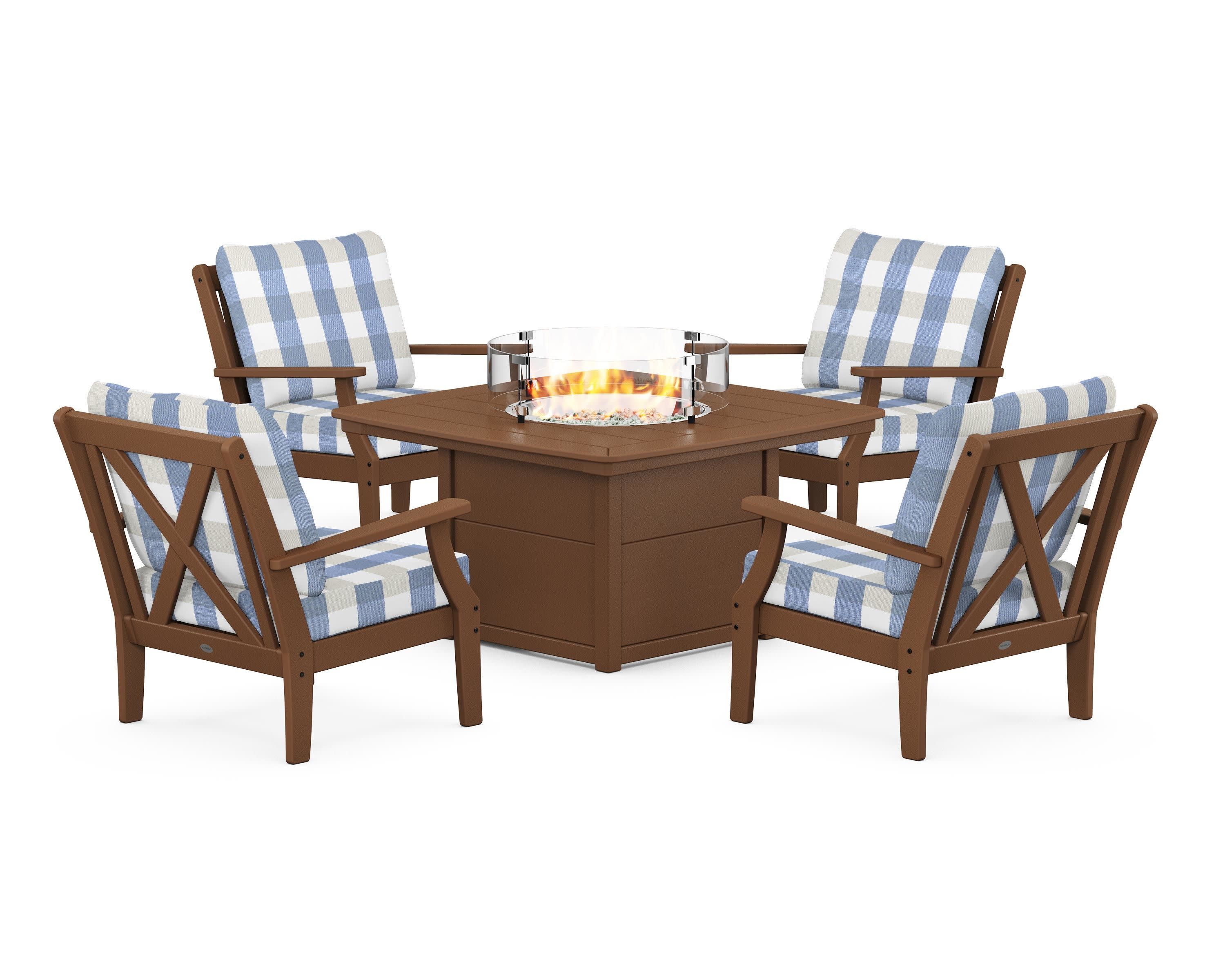 Braxton 5-Piece Deep Seating Conversation Set with Fire Pit Table in Teak / Buffalo Plaid Sky Blue