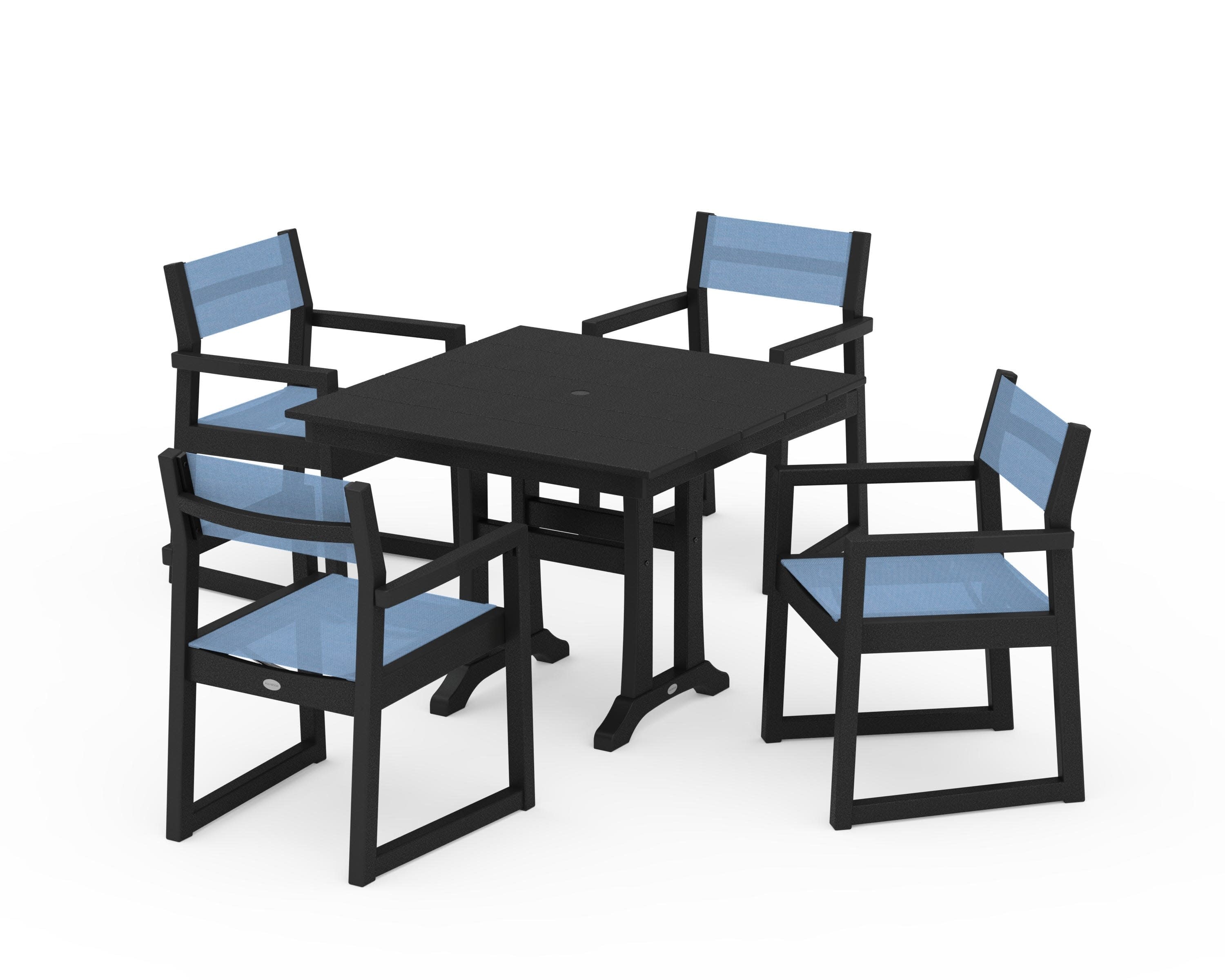 EDGE Sling 5-Piece Farmhouse Dining Set with Trestle Legs in Black / Poolside Sling