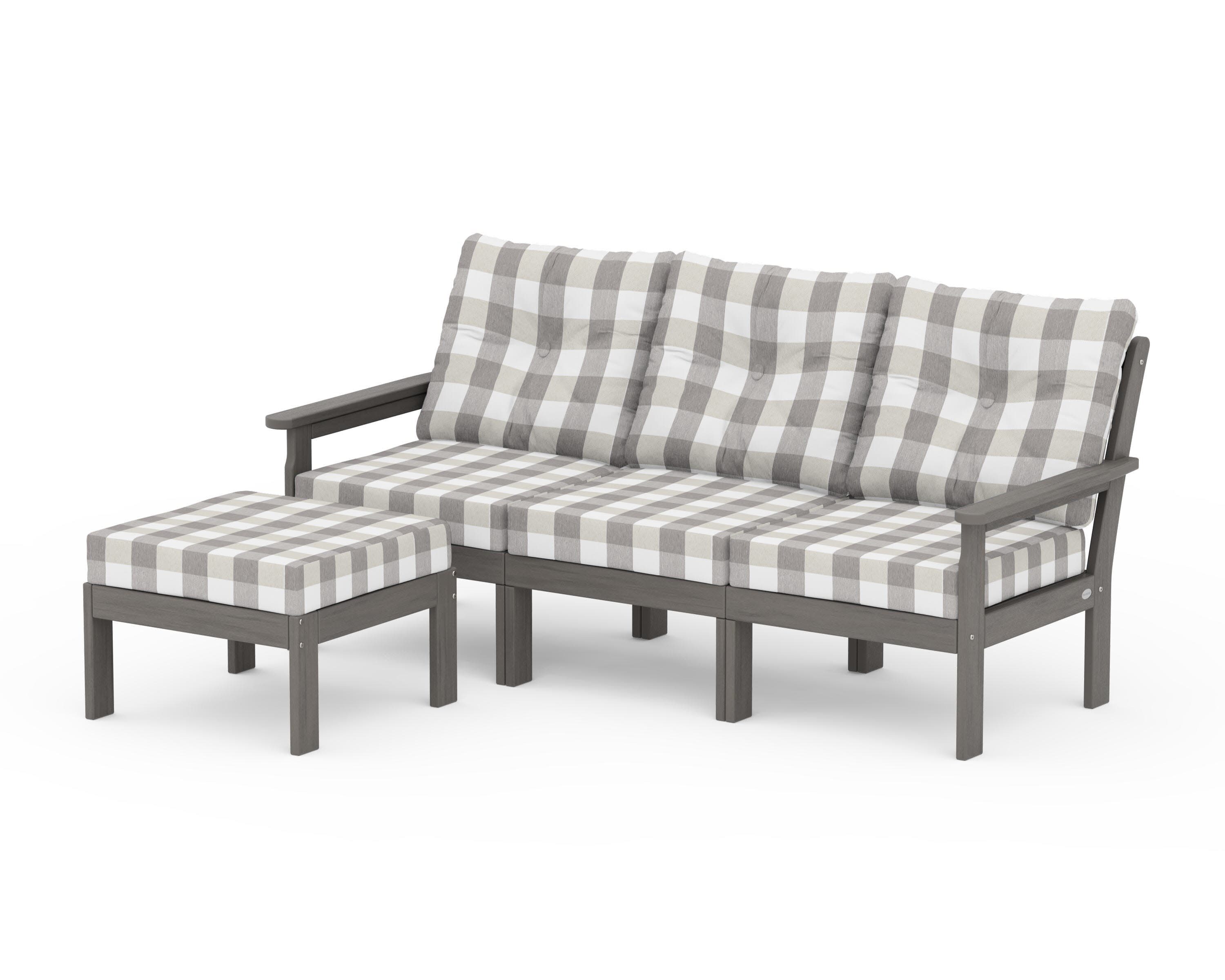 Vineyard 4-Piece Sectional with Ottoman in Driftwood / Buffalo Plaid Grey Mist