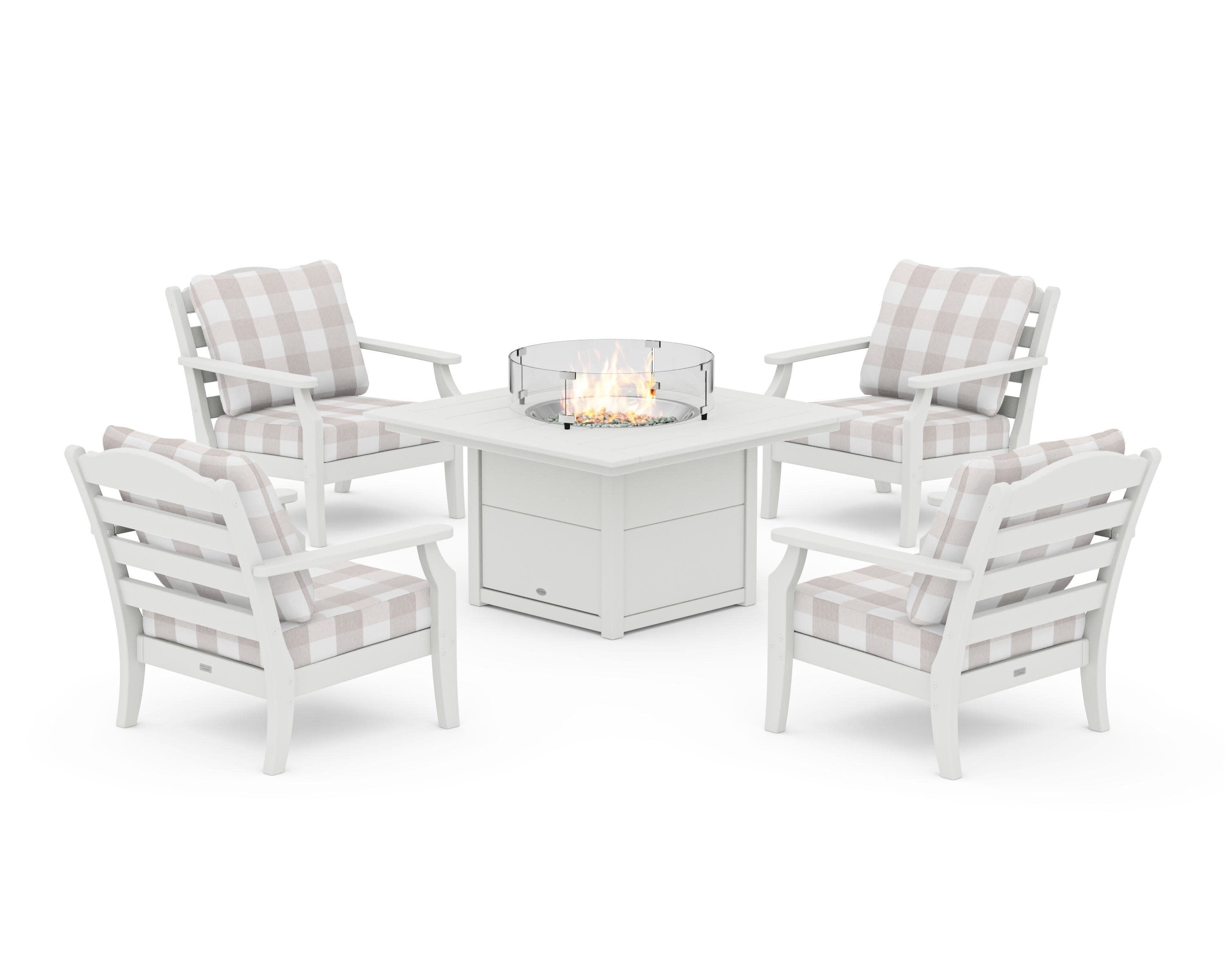 Savannah 5-Piece Deep Seating Set with Fire Pit Table in Vintage White / Buffalo Plaid Dune Burlap