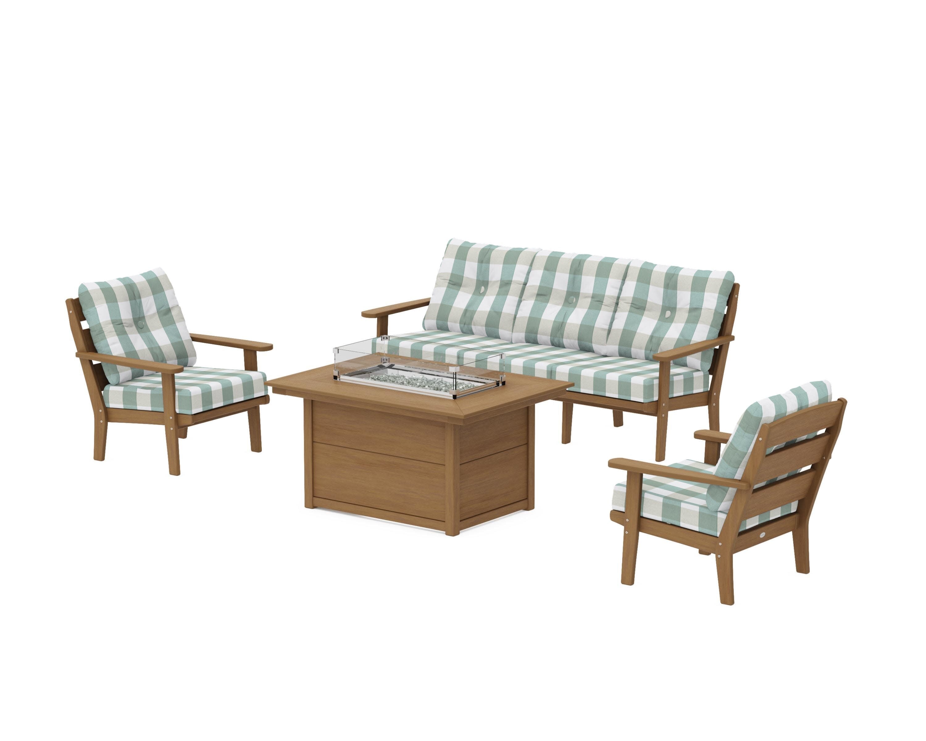 Lakeside Deep Seating Fire Pit Table Set in Natural / Buffalo Plaid Glacier Spa
