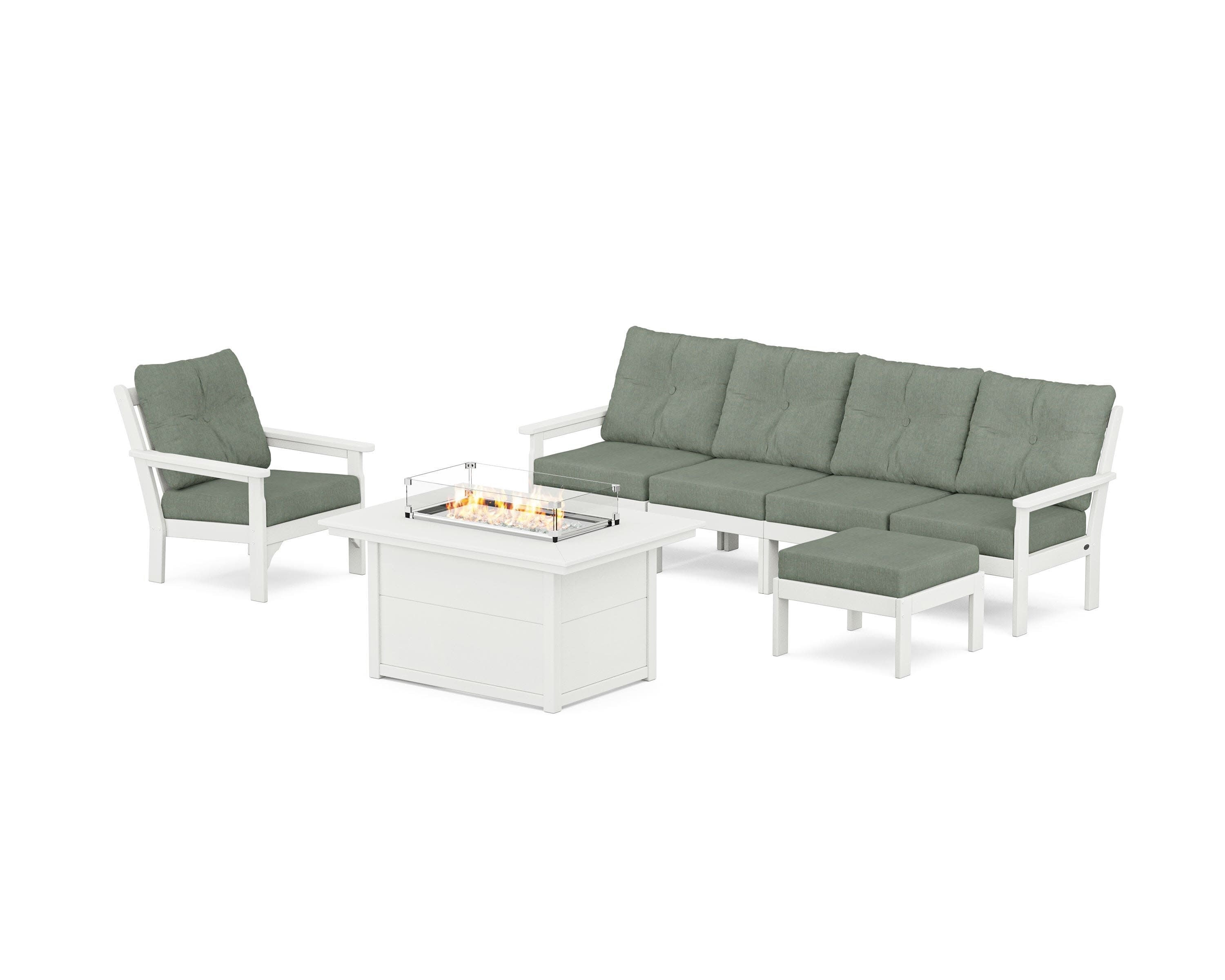 Vineyard Sectional Lounge and Fire Pit Set in Vintage White / Cast Sage