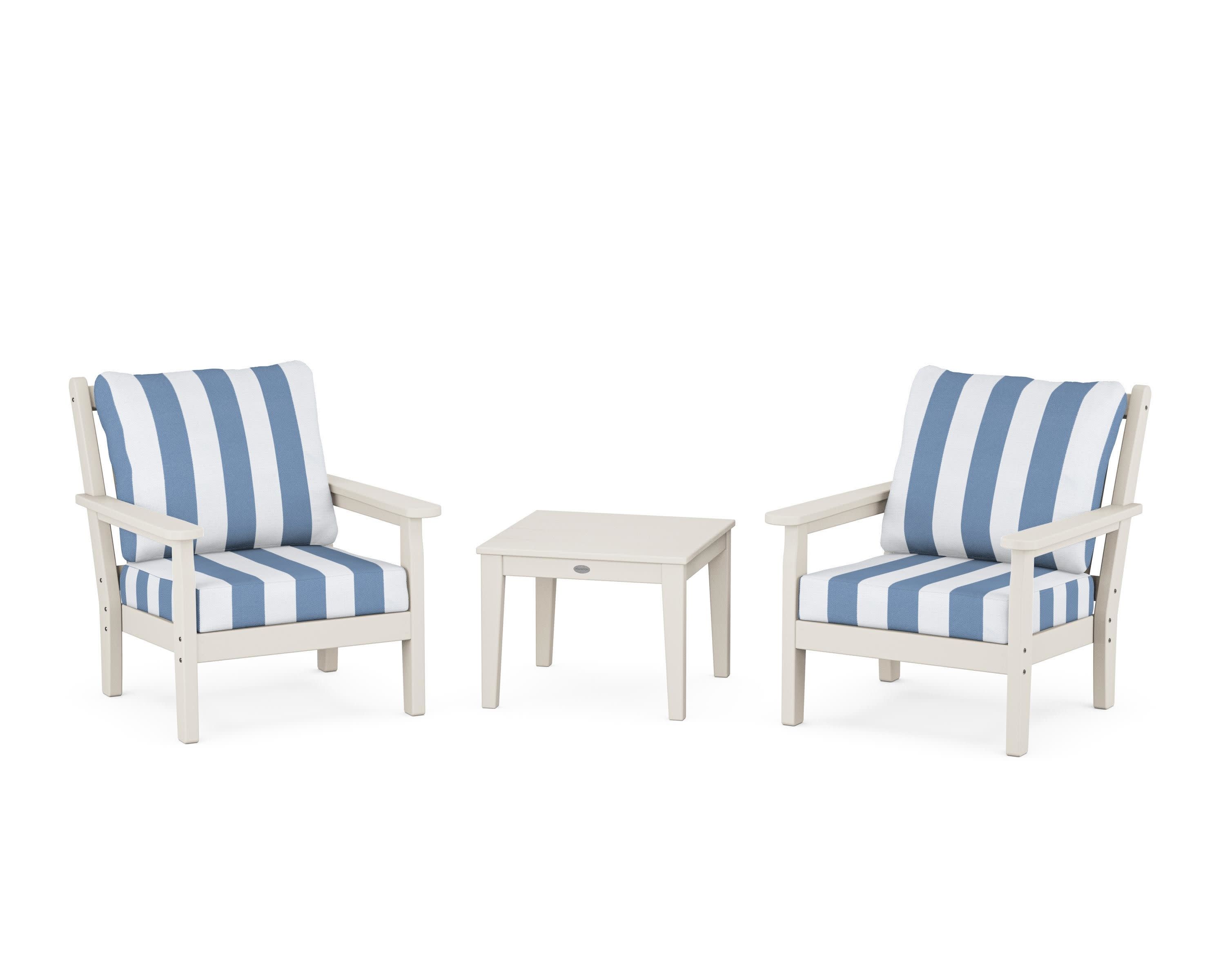 Chippendale 3-Piece Deep Seating Set in Sand / Cabana Stripe Sky Blue