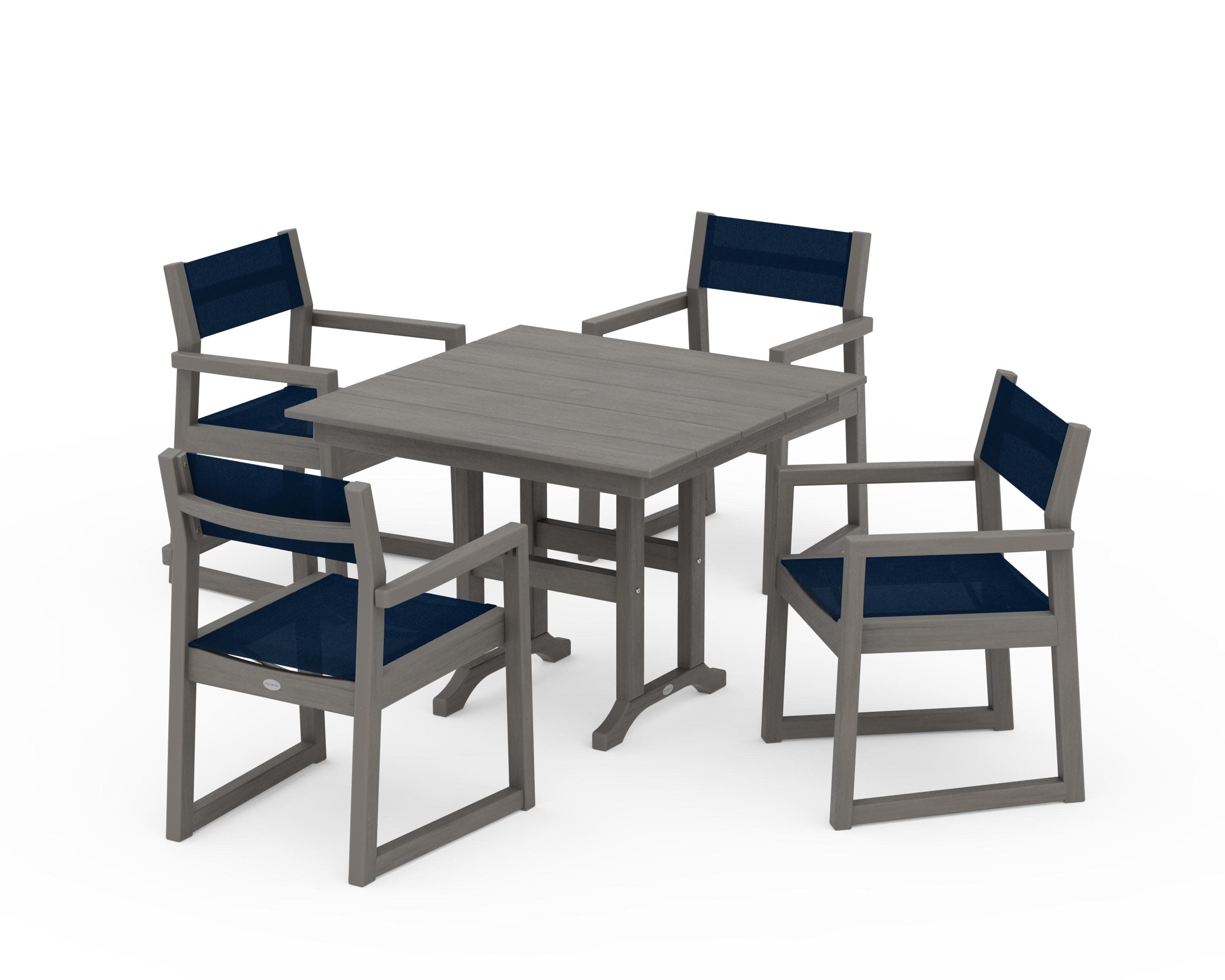 EDGE Sling Arm Chair 5-Piece Farmhouse Dining Set in Driftwood / Navy Blue Sling