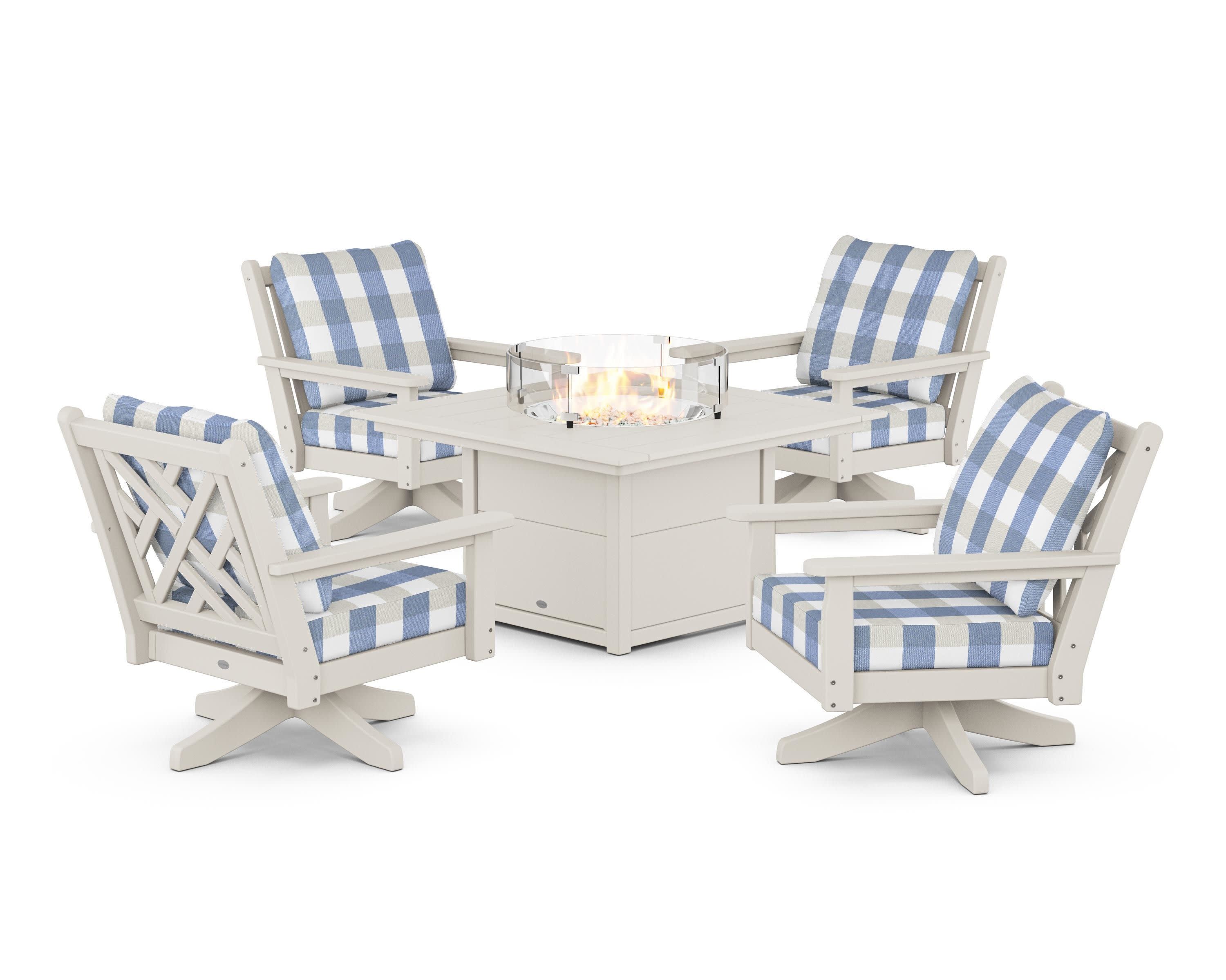 Chippendale 5-Piece Deep Seating Swivel Conversation Set with Fire Pit Table in Sand / Buffalo Plaid Sky Blue