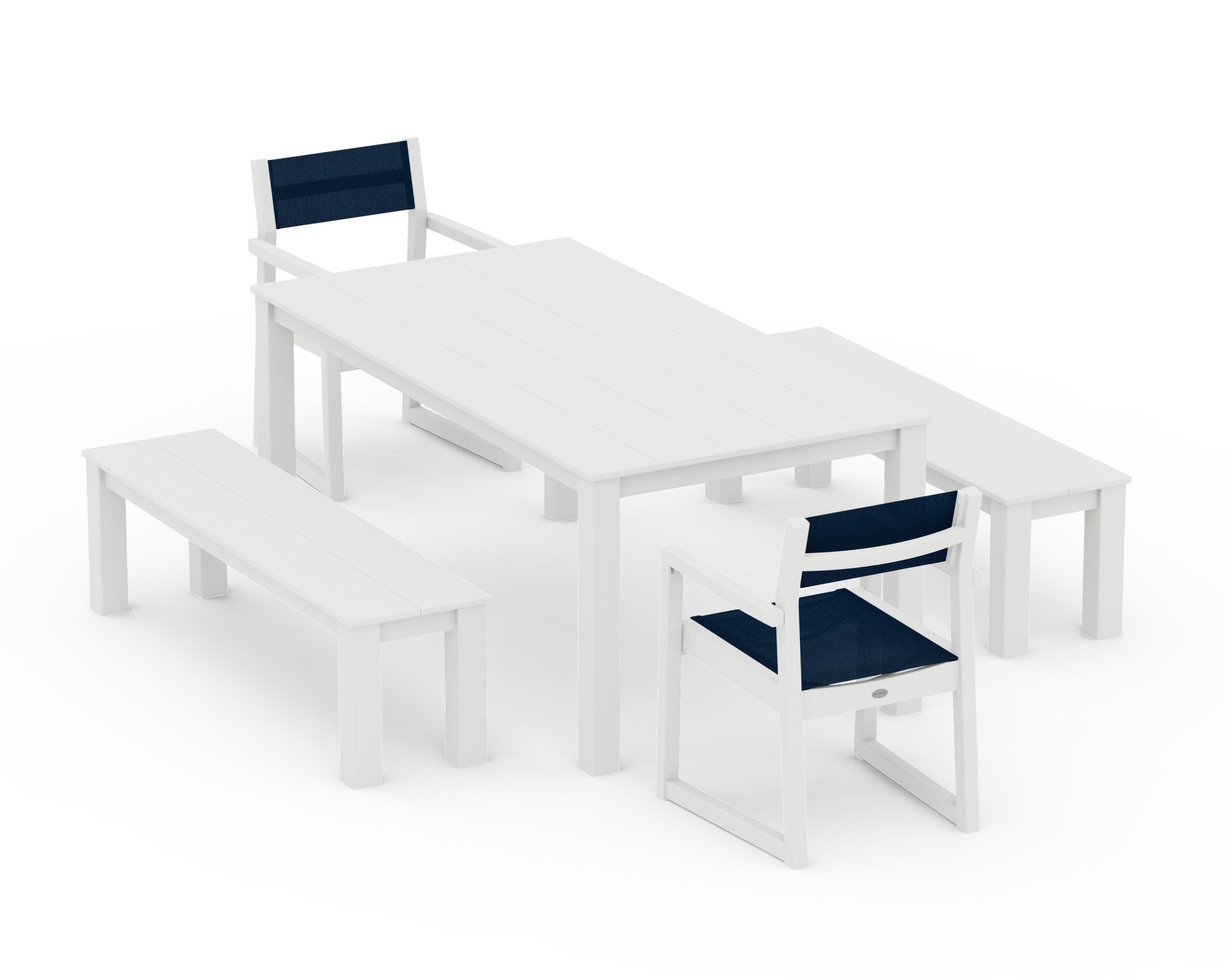 EDGE Sling Arm Chair 5-Piece Parsons Dining Set with Benches in Vintage White / Navy Blue Sling