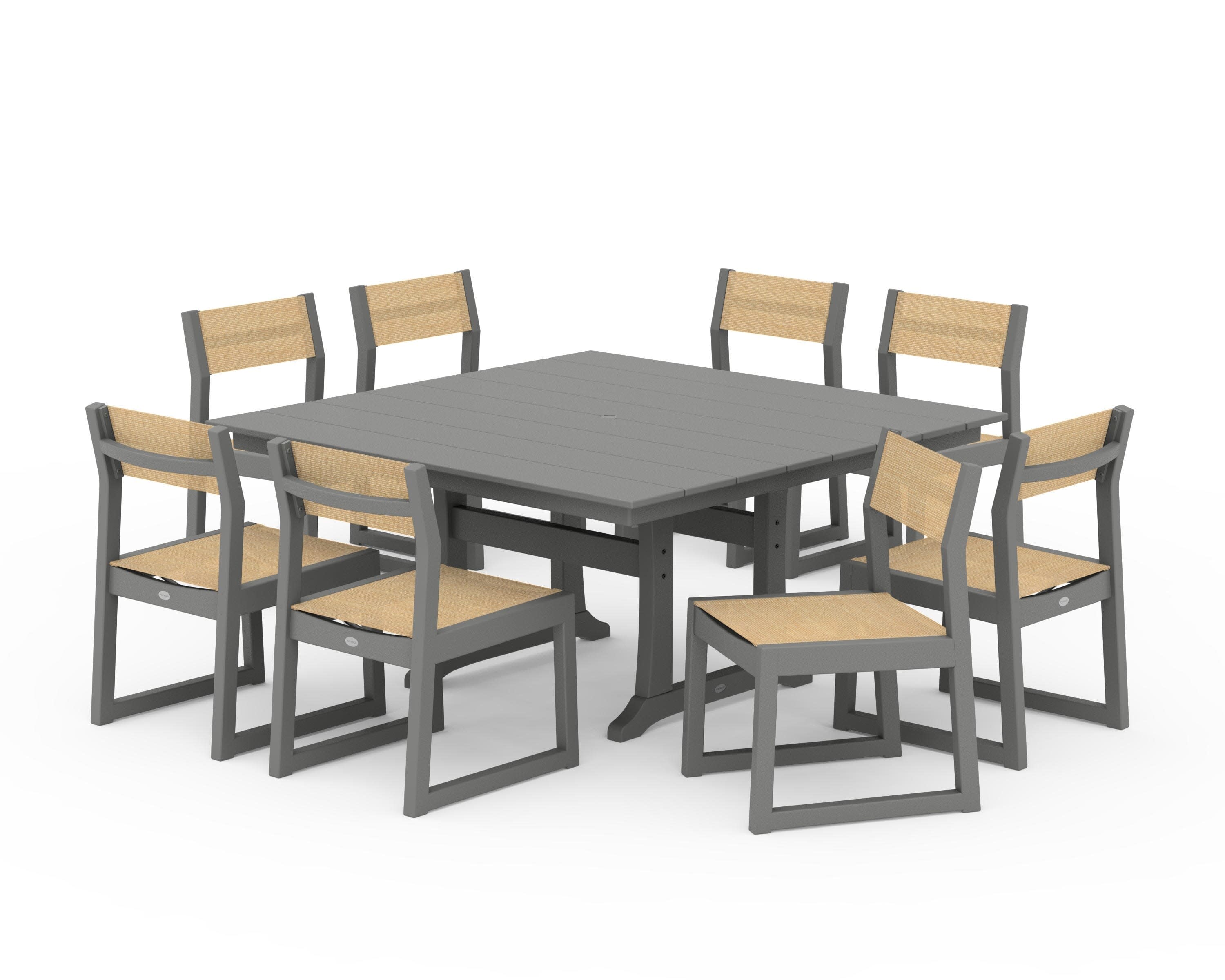 EDGE Sling Side Chair 9-Piece Farmhouse Trestle Dining Set in Slate Grey / Dupioni Apricot Sling