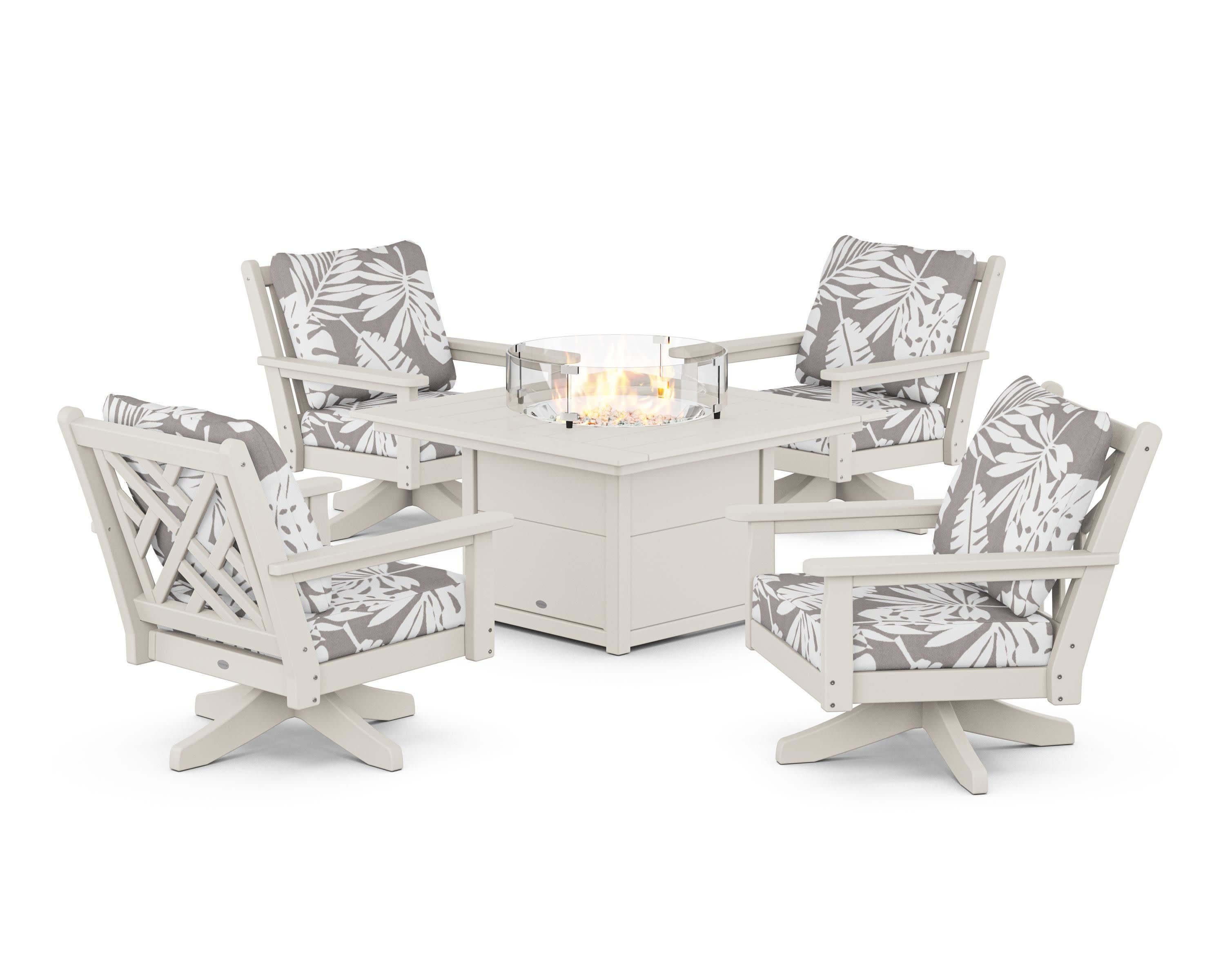 Chippendale 5-Piece Deep Seating Swivel Conversation Set with Fire Pit Table in Sand / Leaf Grey Mist