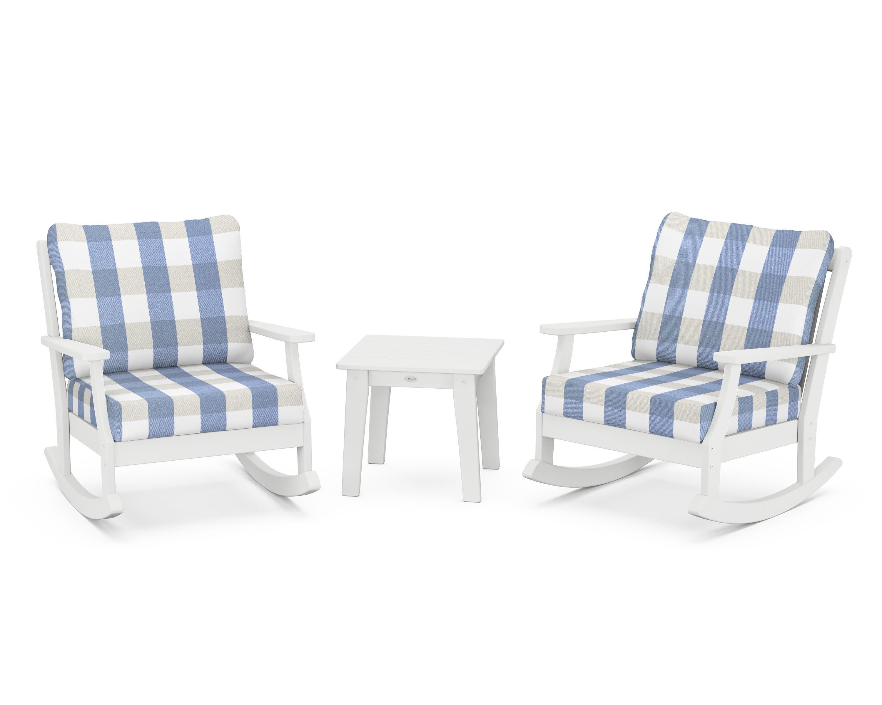 Braxton 3-Piece Deep Seating Rocker Set in White / Buffalo Plaid Sky Blue