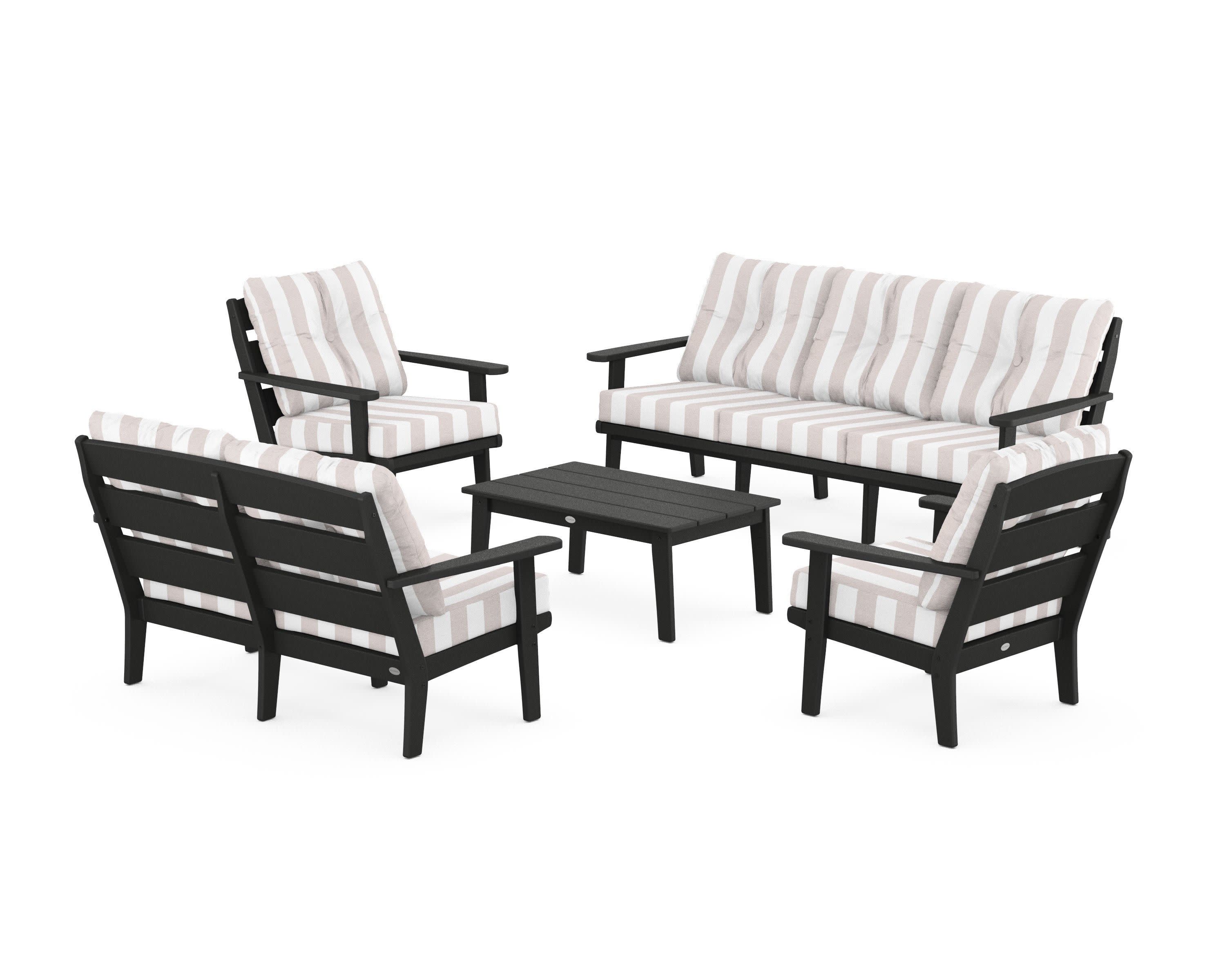 Lakeside 5-Piece Lounge Sofa Set in Black / Cabana Stripe Dune Burlap