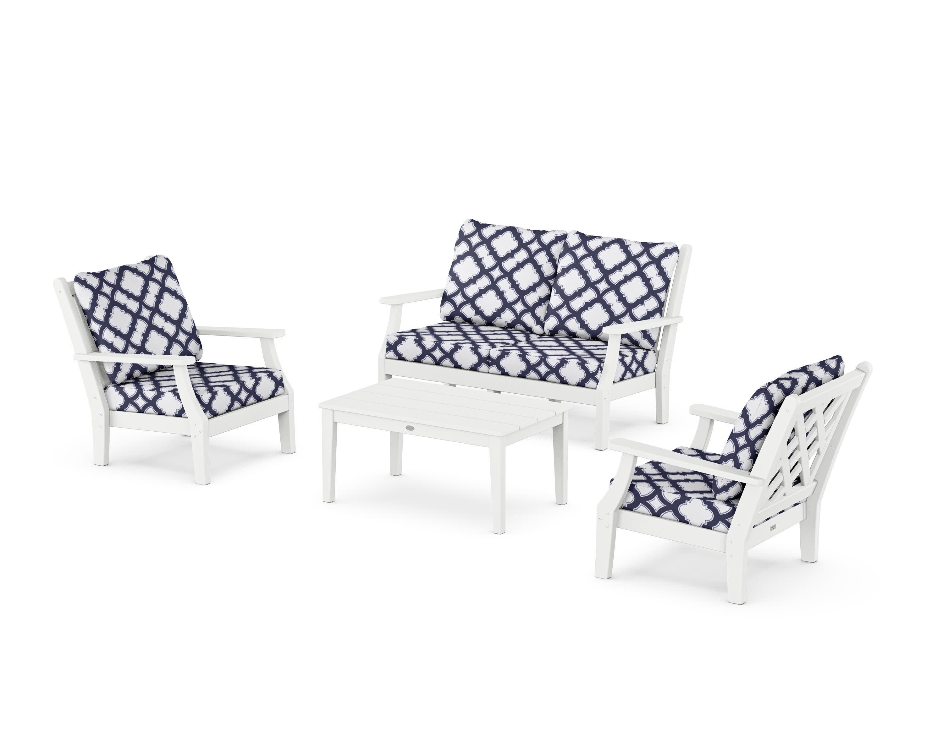 Wovendale 4-Piece Deep Seating Set with Loveseat in White / Trellis Navy