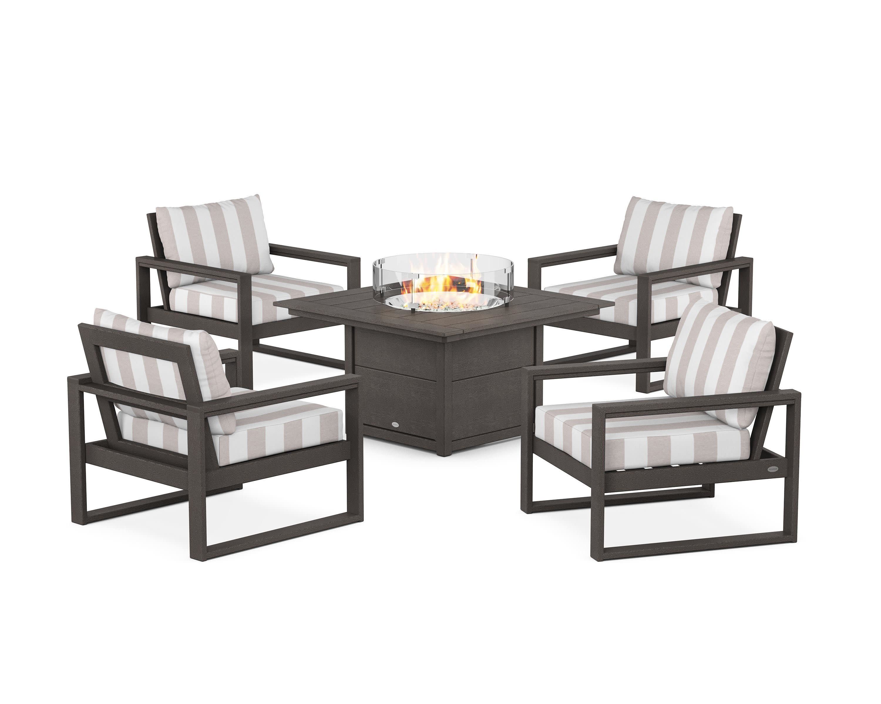 EDGE Sectional 5-Piece Deep Seating Set with Fire Pit Table in Vintage Coffee / Cabana Stripe Dune Burlap