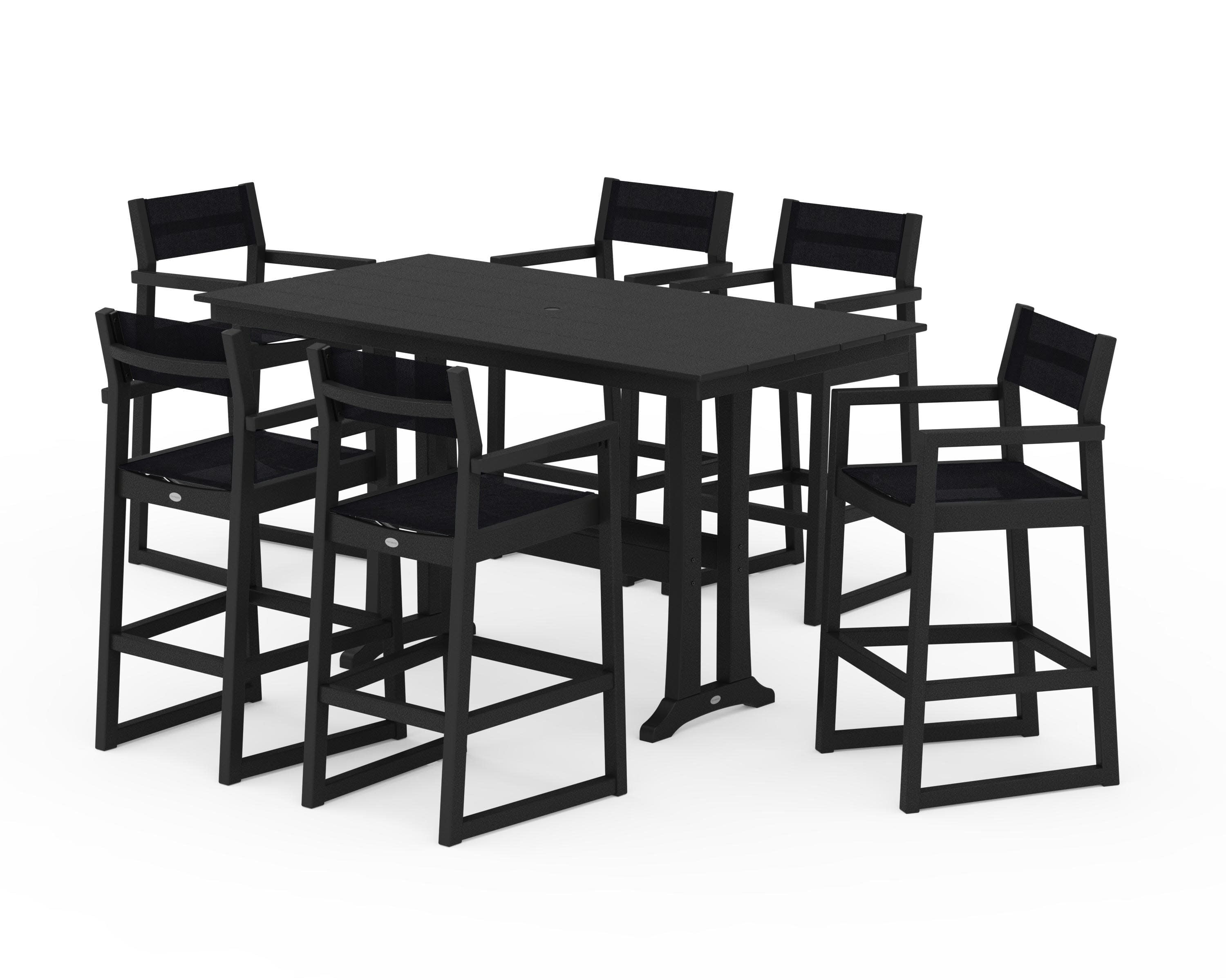 EDGE Sling Arm Chair 7-Piece Farmhouse Bar Set with Trestle Legs in Black / Black Sling