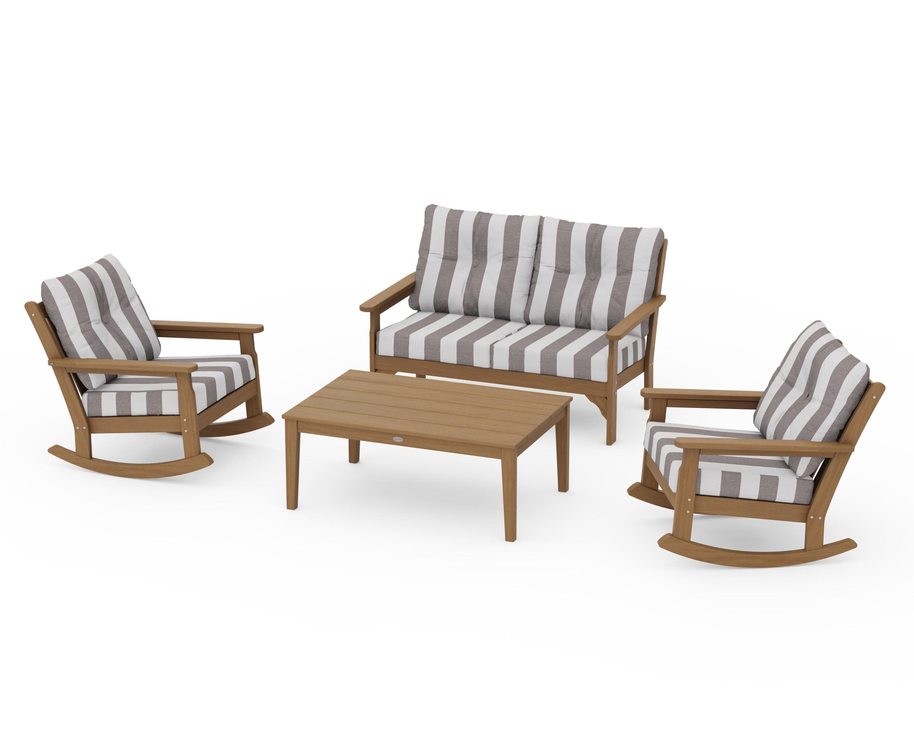 Vineyard 4-Piece Deep Seating Rocking Chair Set in Natural / Cabana Stripe Grey Mist