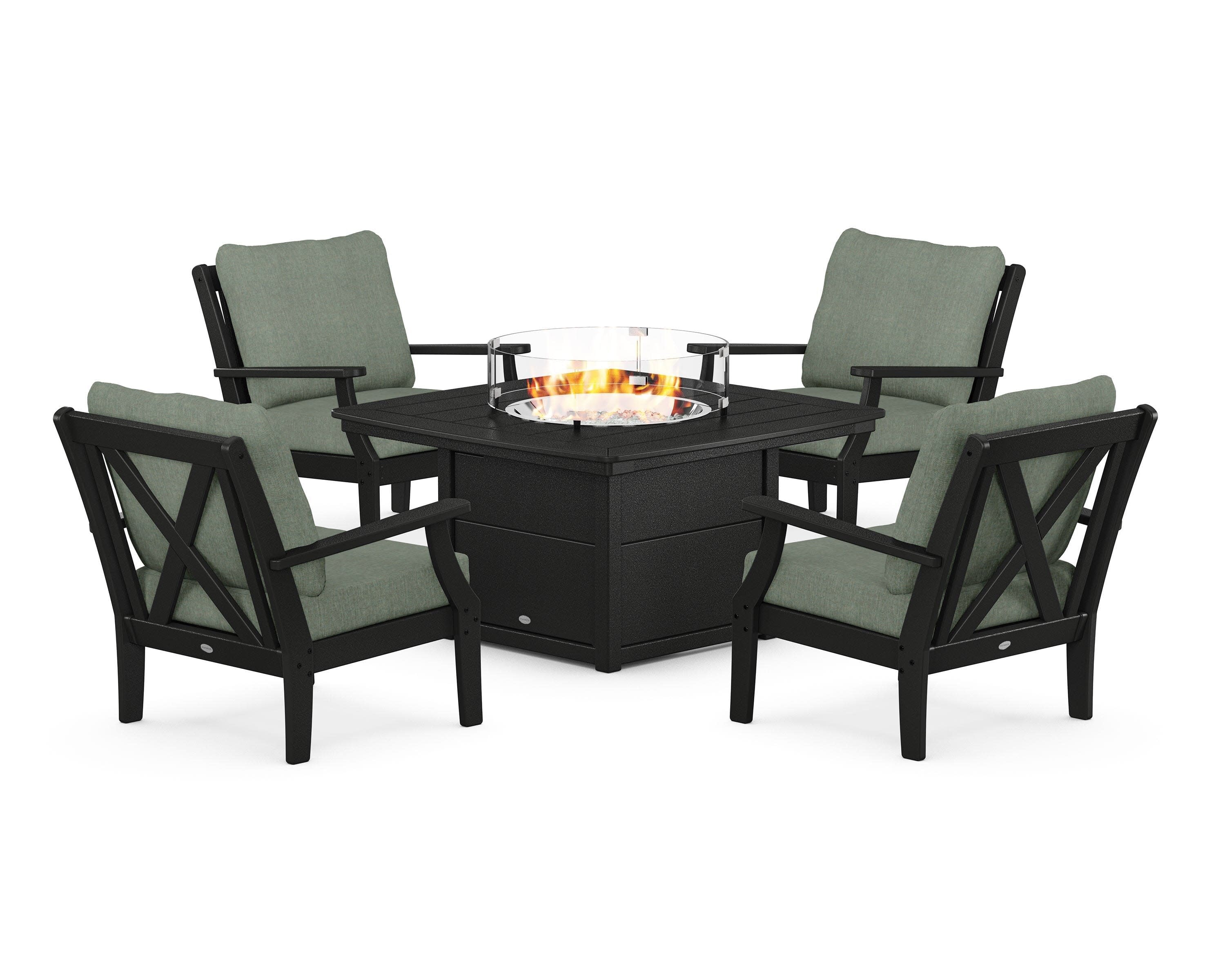 Braxton 5-Piece Deep Seating Conversation Set with Fire Pit Table in Black / Cast Sage