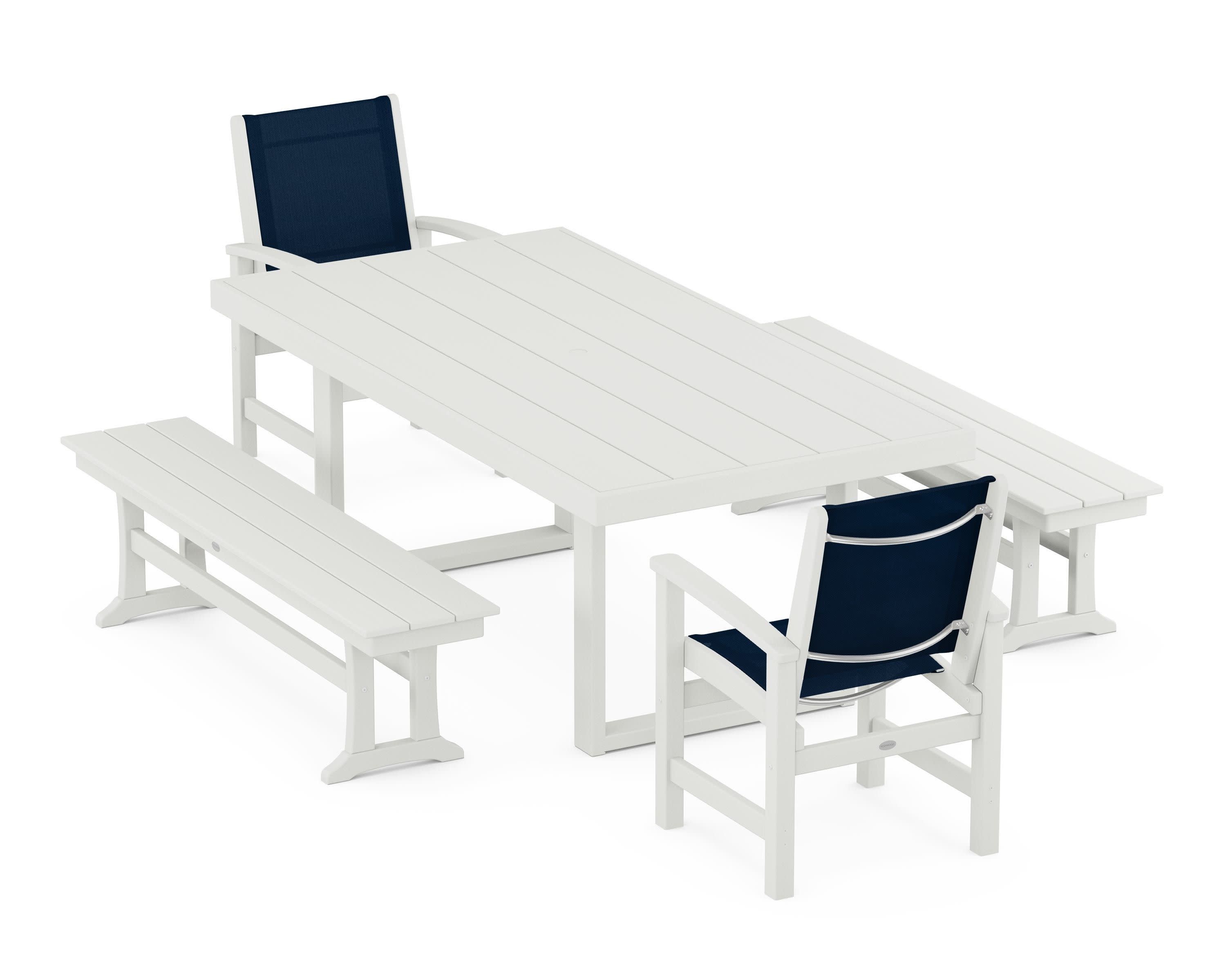 Coastal 5-Piece Dining Set with Trestle Legs in Vintage White / Navy Blue Sling