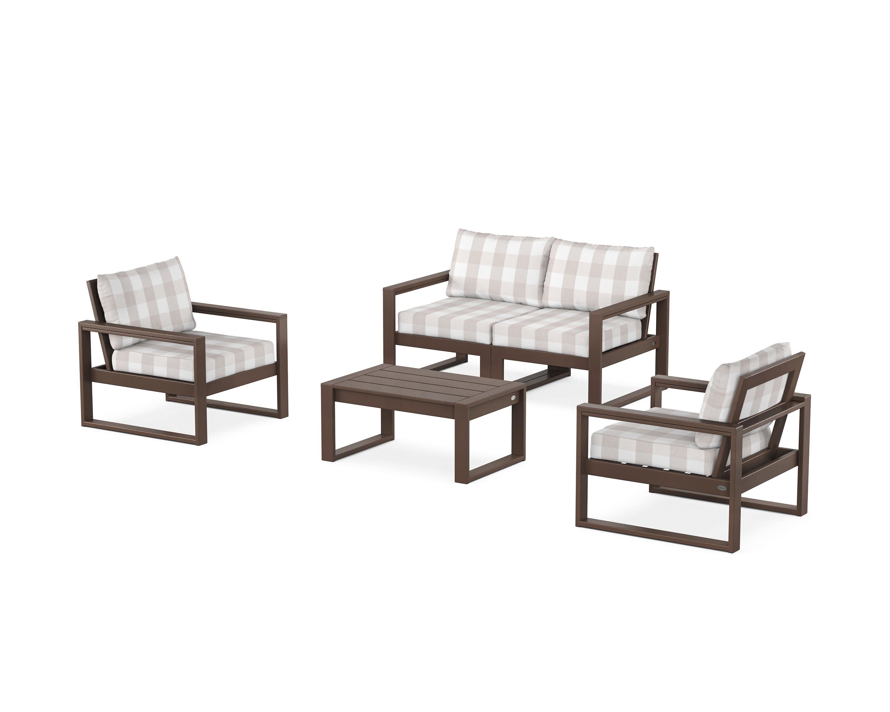 EDGE Sectional 4-Piece Deep Seating Set with Loveseat in Mahogany / Buffalo Plaid Dune Burlap