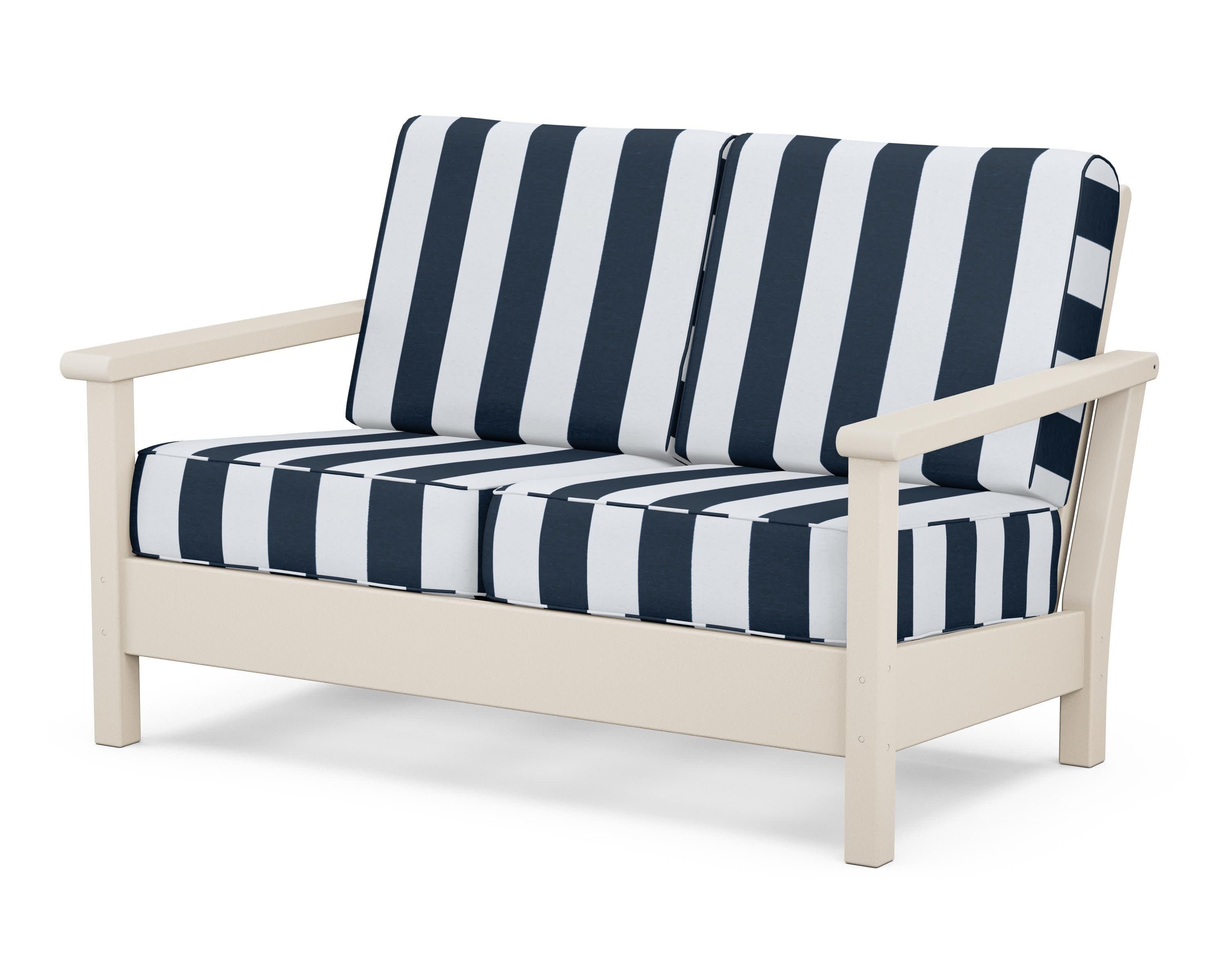 Harbour Deep Seating Loveseat in Sand / Cabana Stripe Marine Indigo