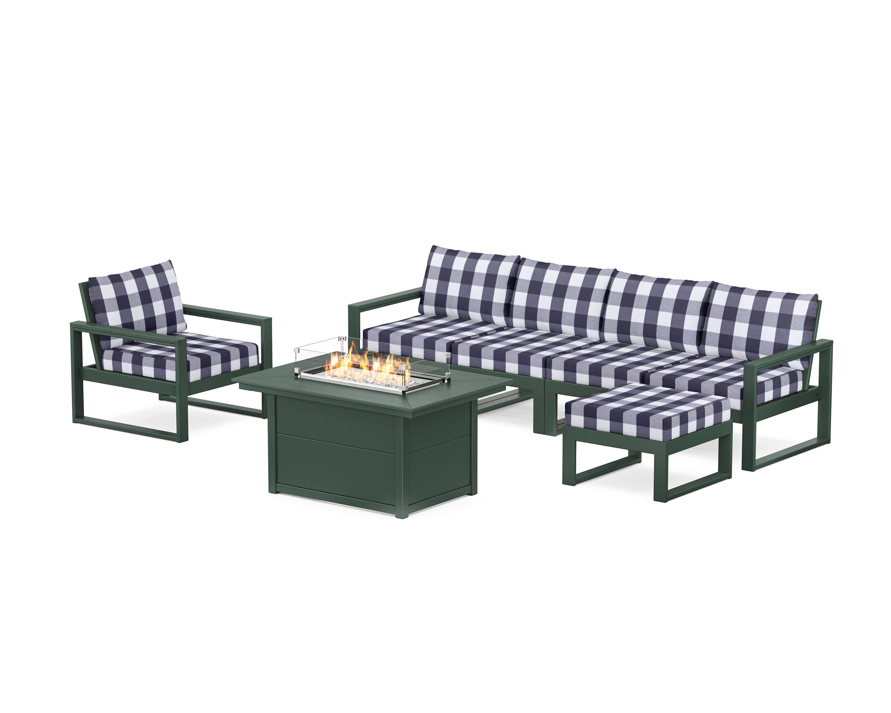 EDGE Sectional Lounge and Fire Pit Set in Green / Buffalo Plaid Navy
