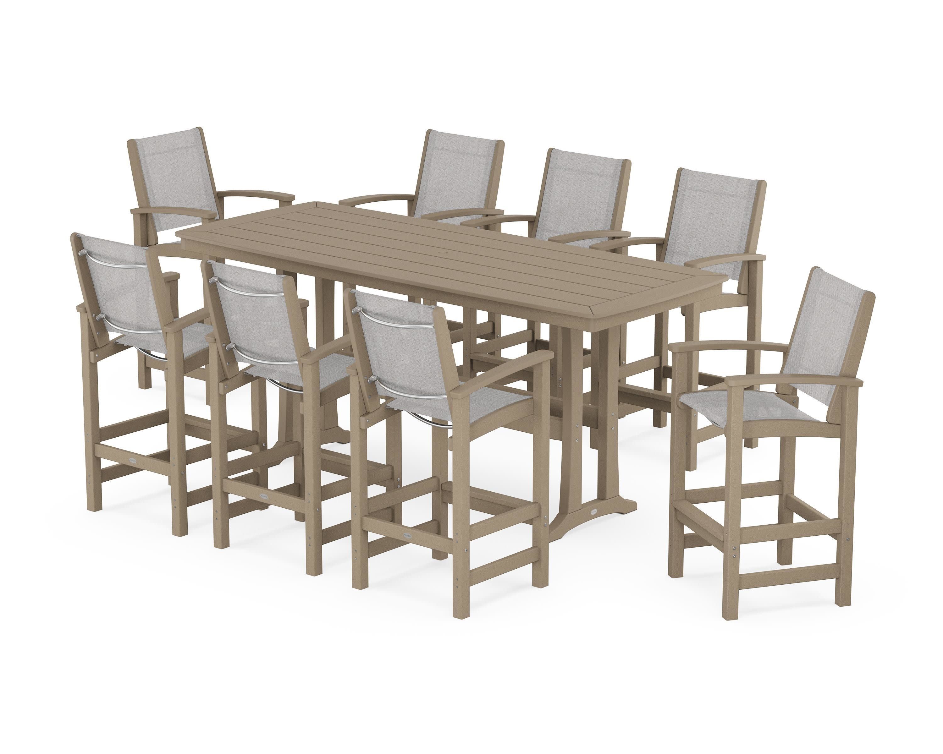 Coastal 9-Piece Bar Set with Trestle Legs in Vintage Sahara / Parchment Sling