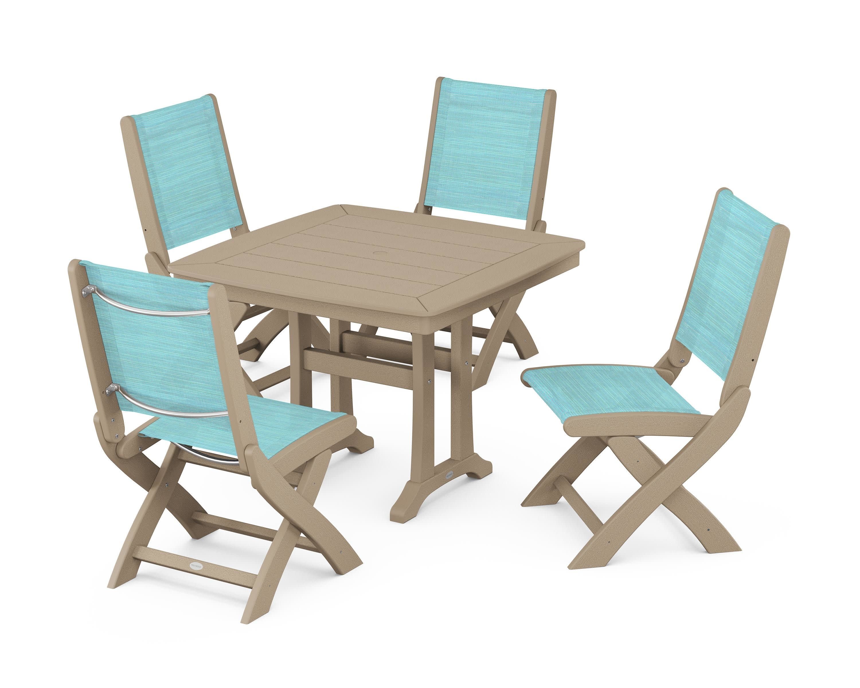 Coastal Folding Side Chair 5-Piece Dining Set with Trestle Legs in Vintage Sahara / Dupioni Aquamarine Sling