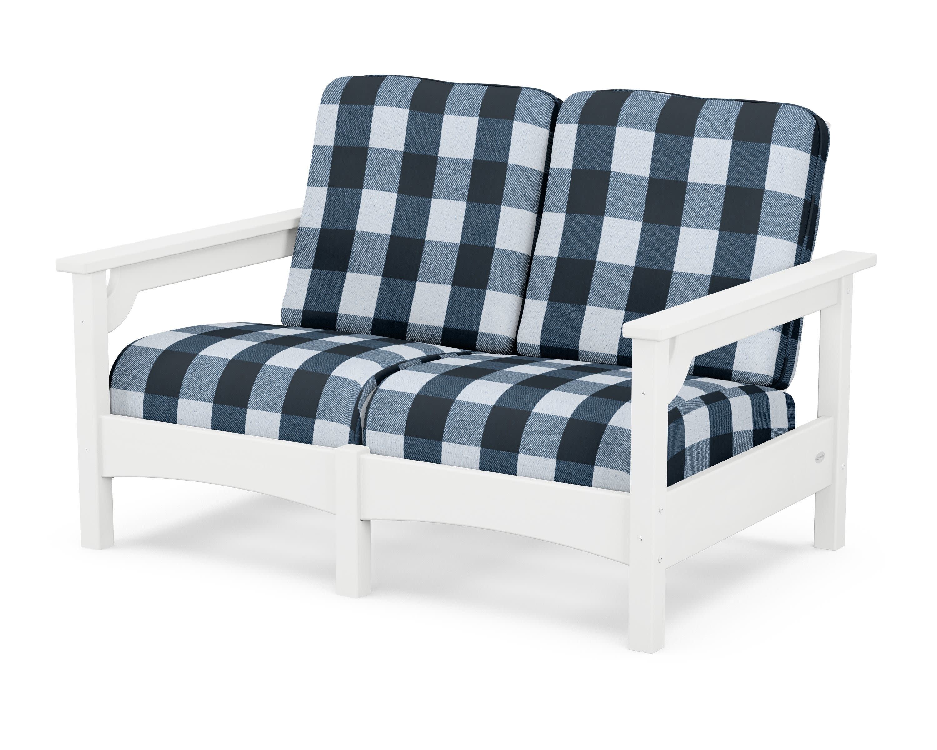 Club Loveseat in White / Buffalo Plaid Marine Indigo