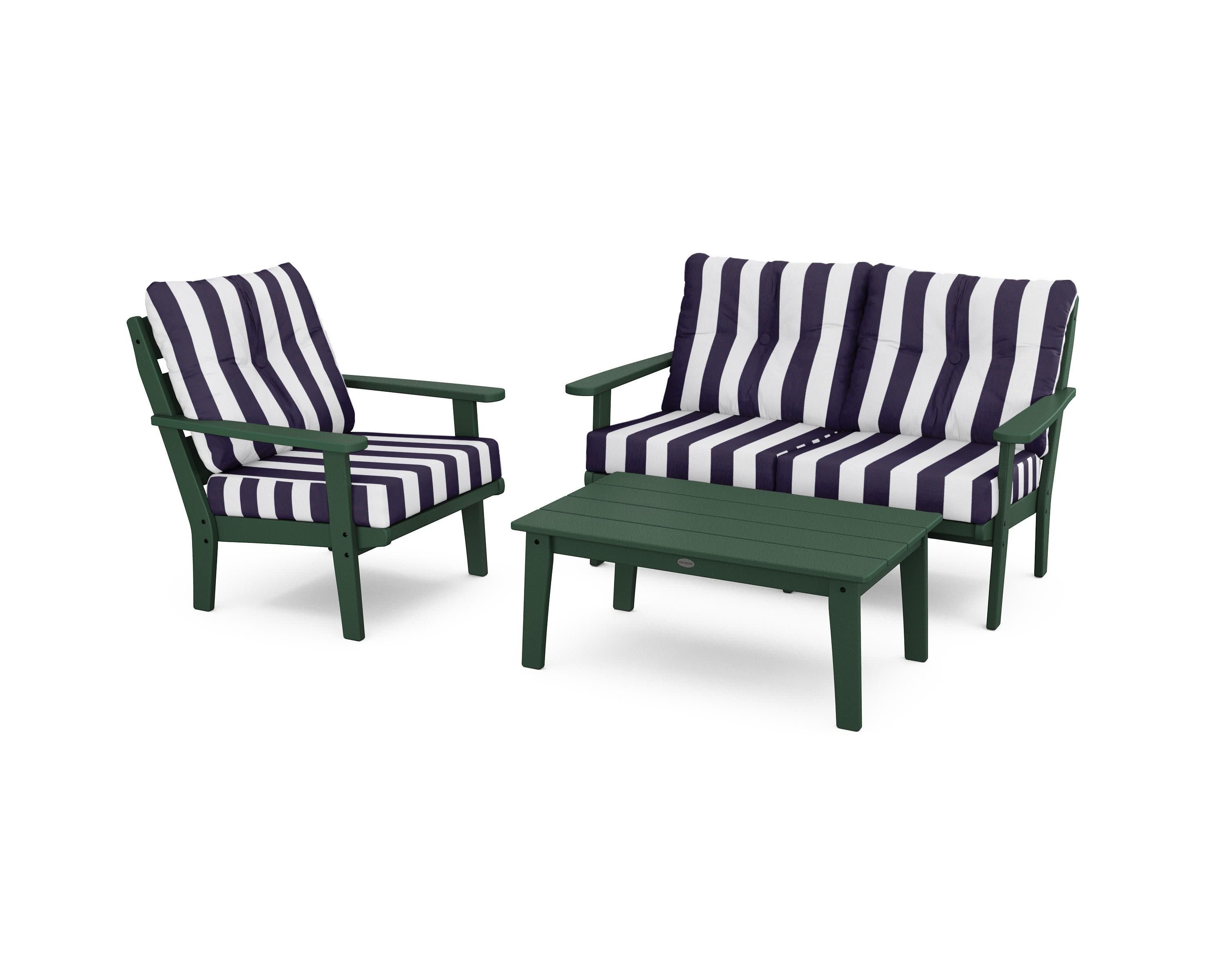 Lakeside 3-Piece Deep Seating Set in Green / Cabana Stripe Navy