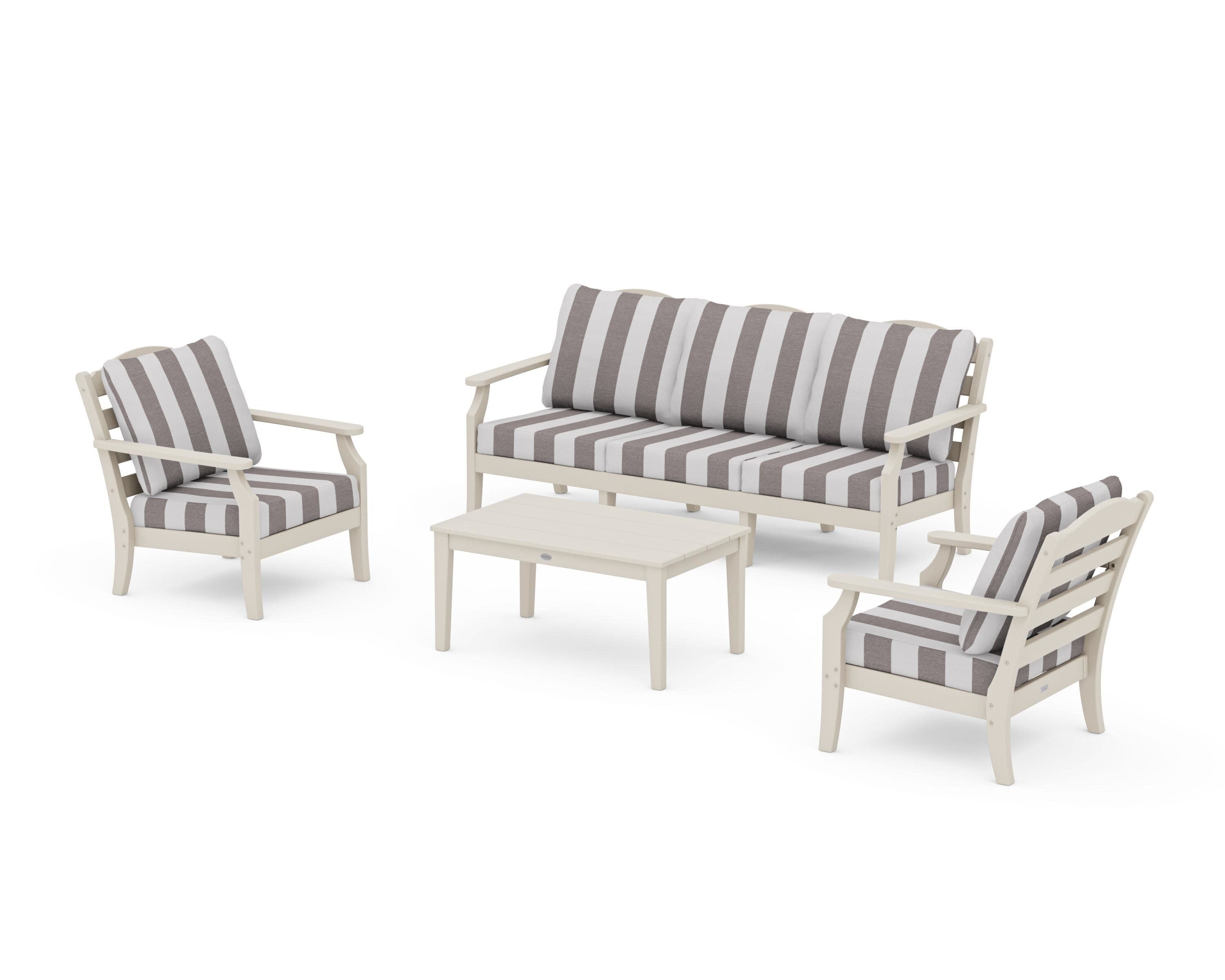 Savannah 4-Piece Deep Seating Set with Sofa in Sand / Cabana Stripe Grey Mist