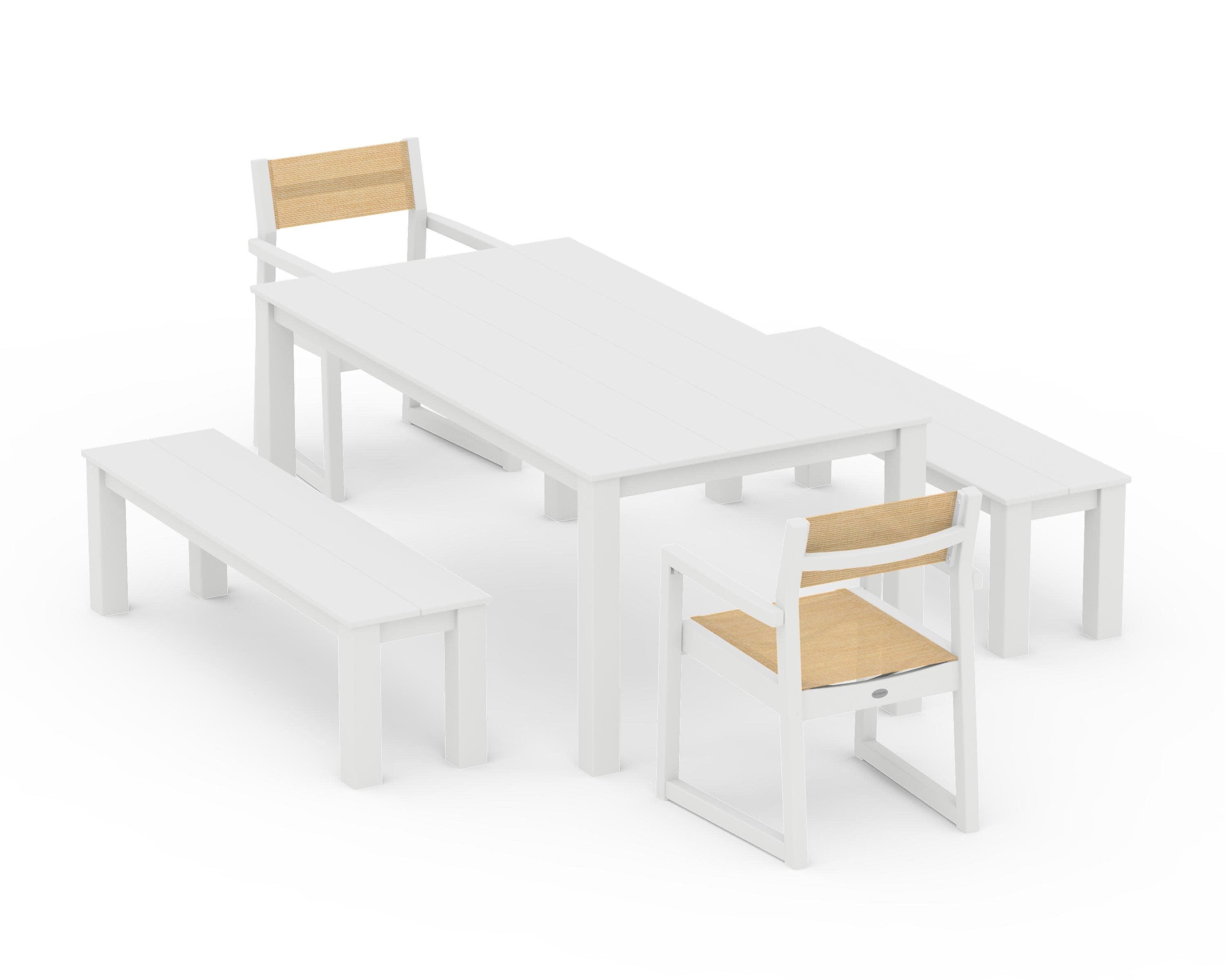 EDGE Sling Arm Chair 5-Piece Parsons Dining Set with Benches in White / Dupioni Apricot Sling