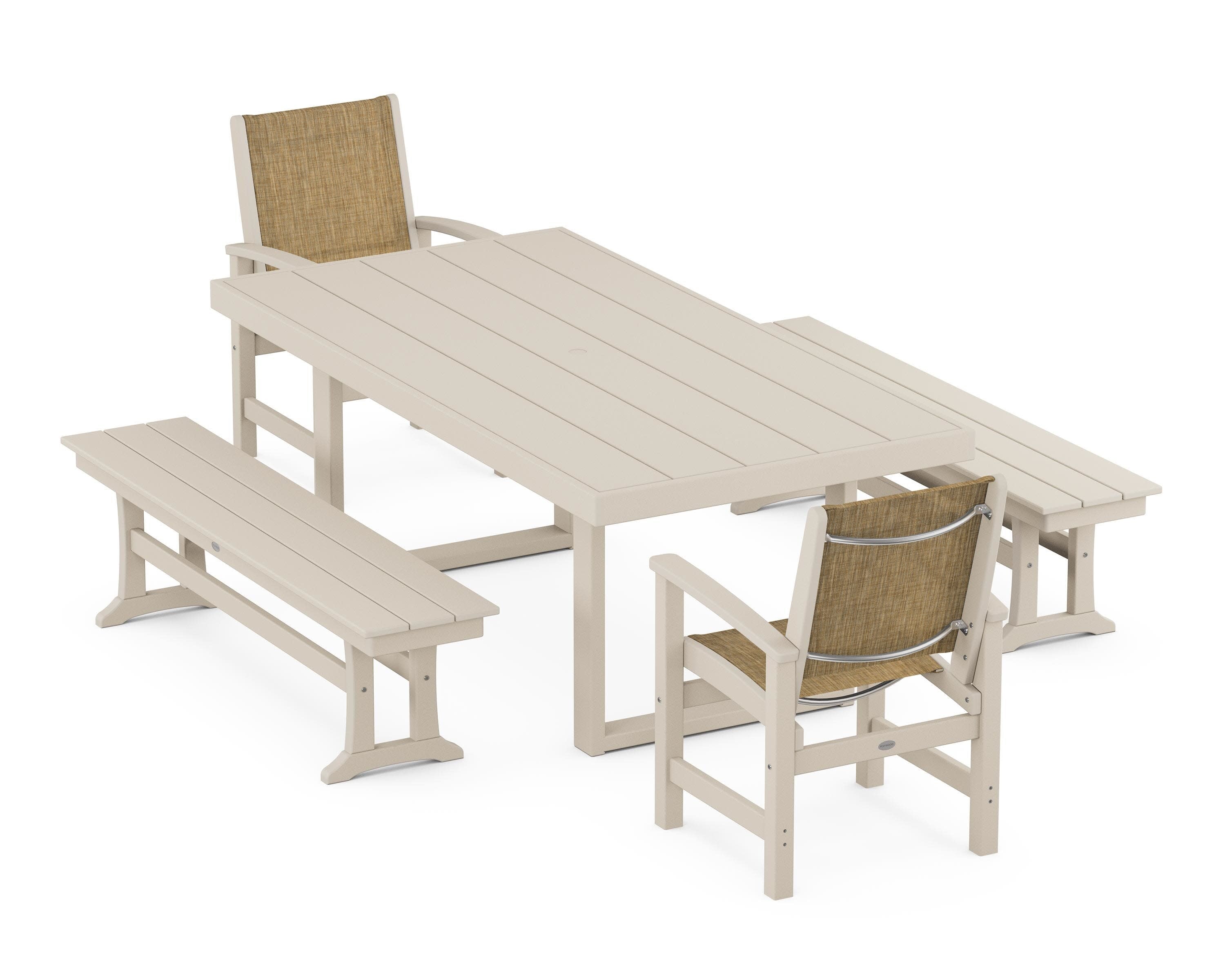 Coastal 5-Piece Dining Set with Trestle Legs in Sand / Burlap Sling