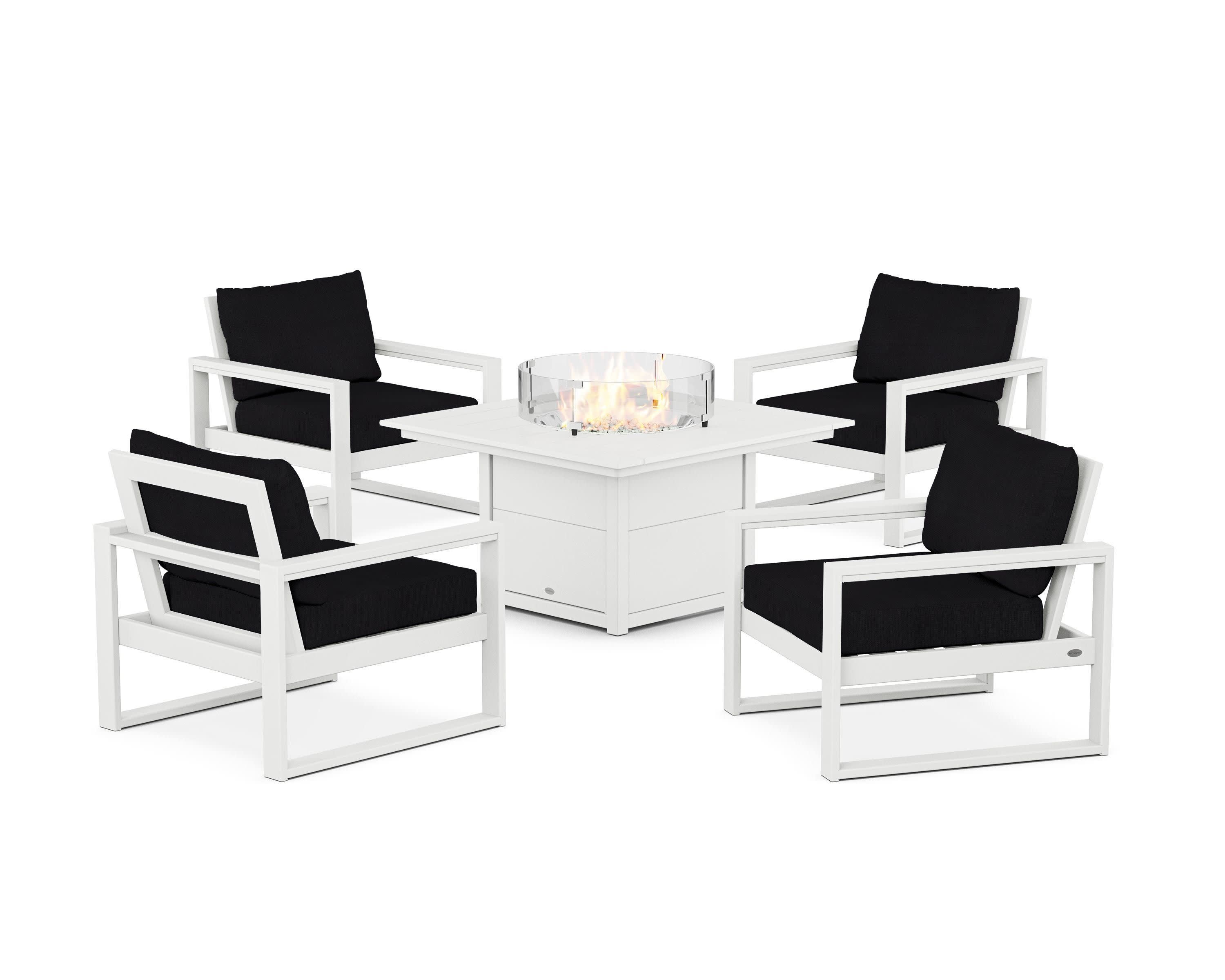 EDGE Sectional 5-Piece Deep Seating Set with Fire Pit Table in White / Midnight Linen
