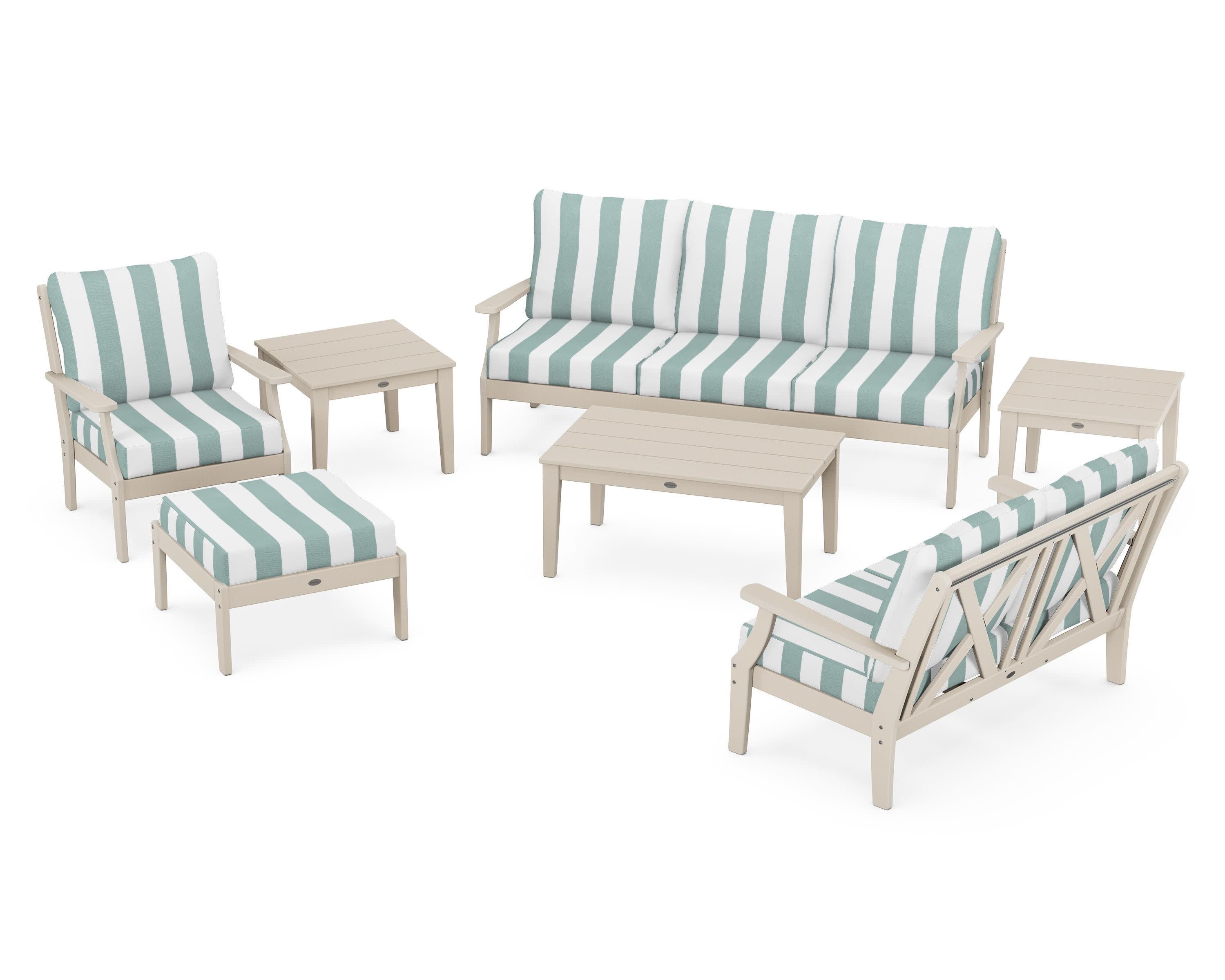 Braxton 7-Piece Deep Seating Set in Sand / Cabana Stripe Glacier Spa