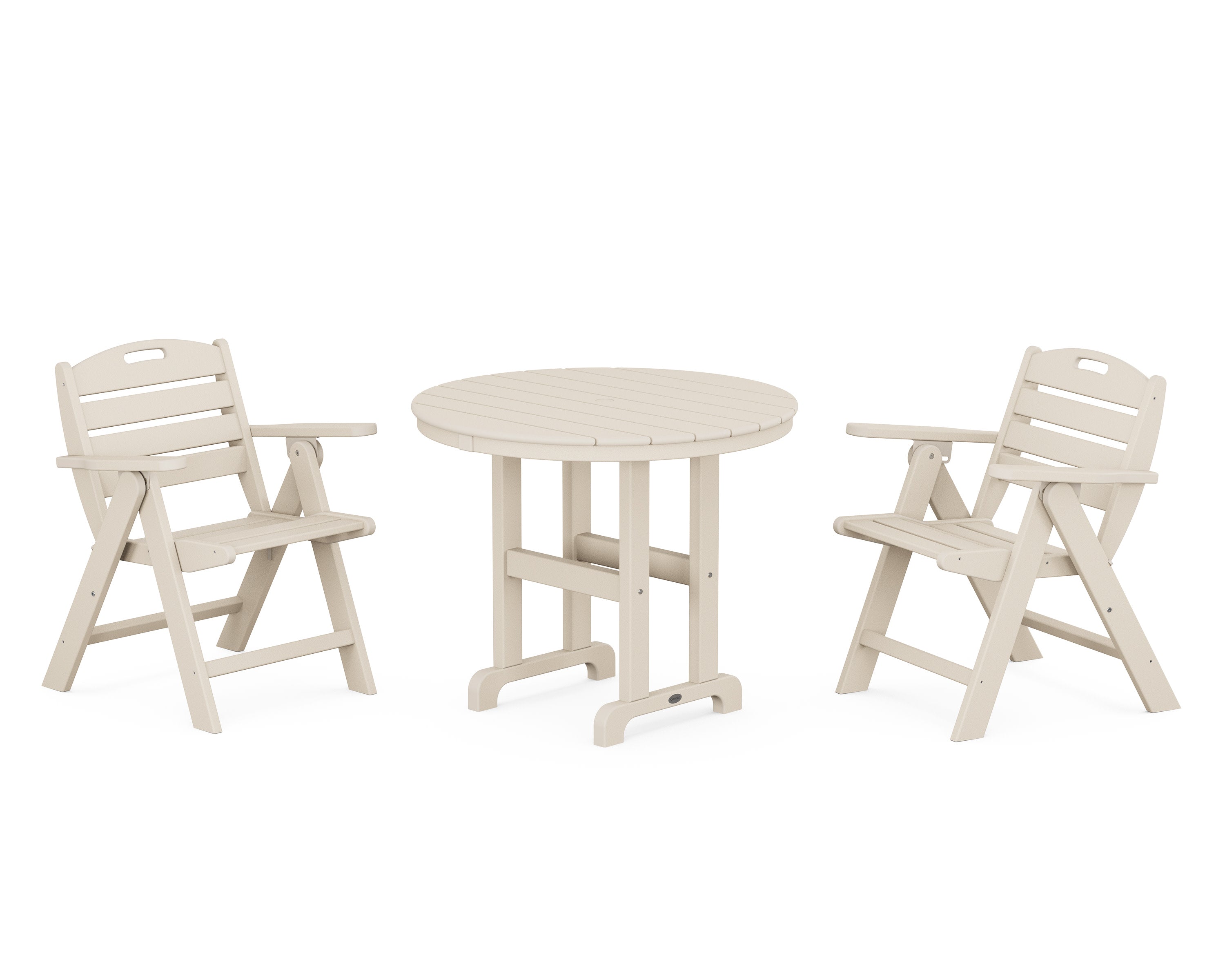 Nautical Folding Lowback Chair 3-Piece Round Dining Set in Sand