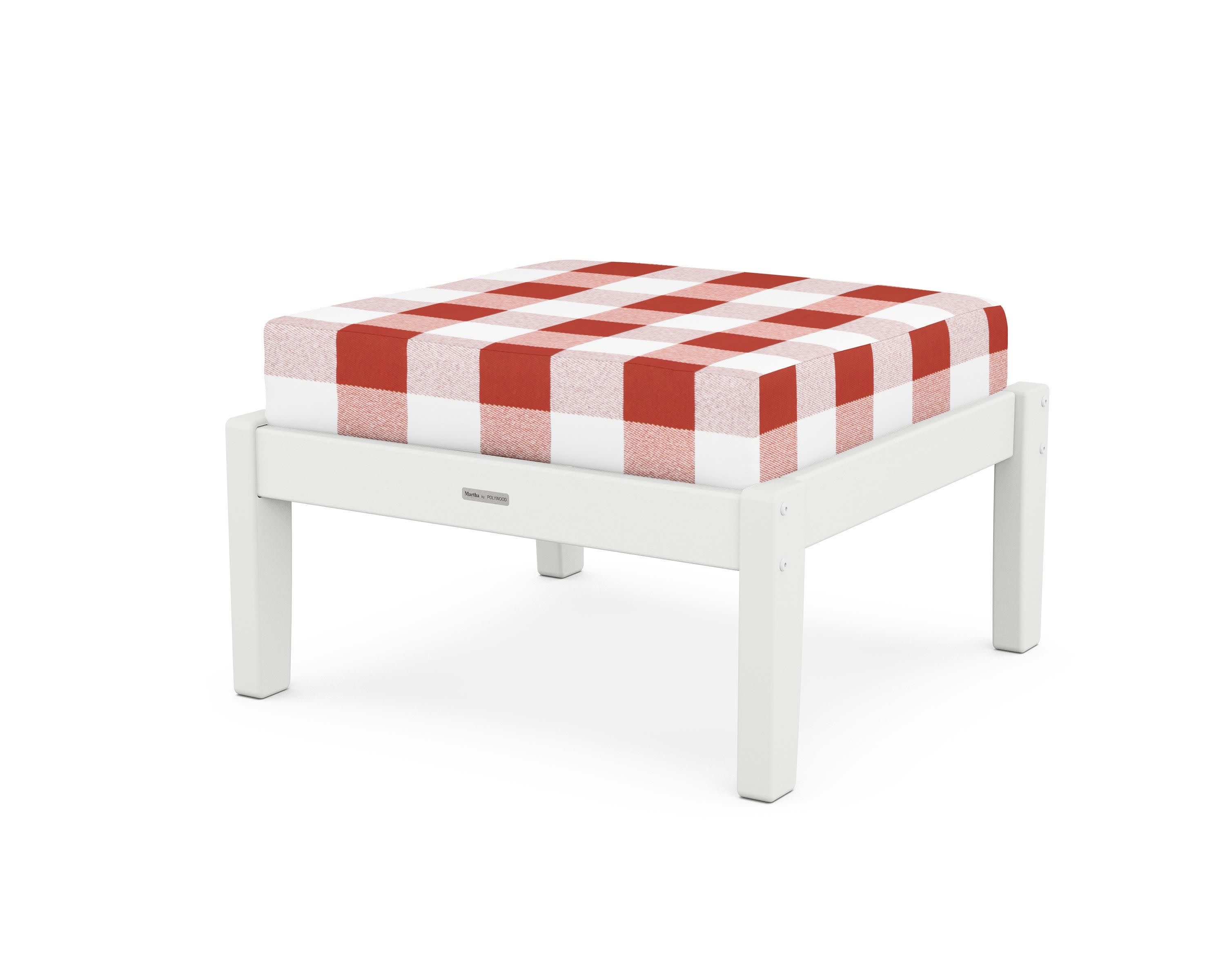 Chinoiserie Deep Seating Ottoman in White / Buffalo Plaid Crimson