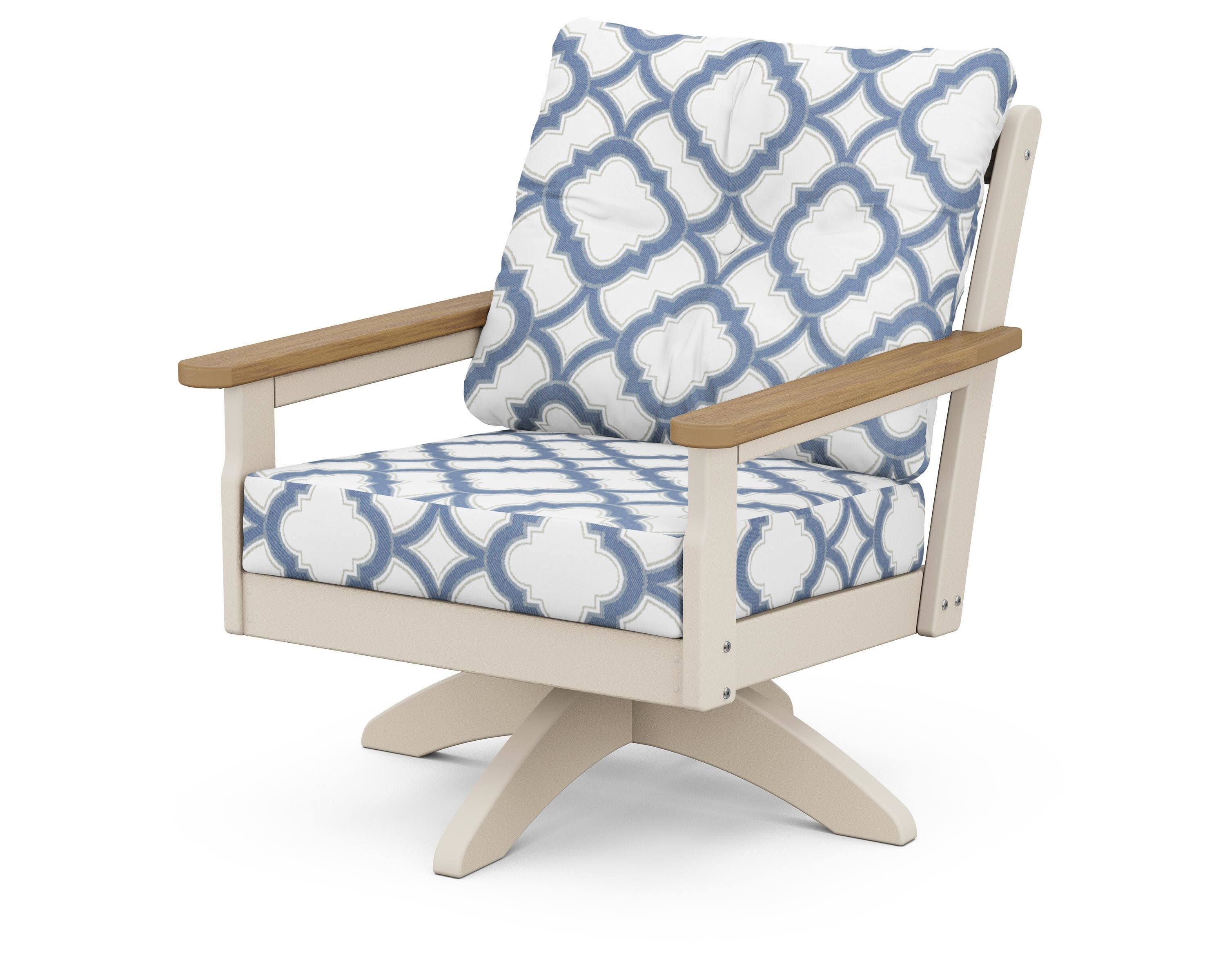 Vineyard Deep Seating Swivel Chair in Sand / Natural / Trellis Sky Blue