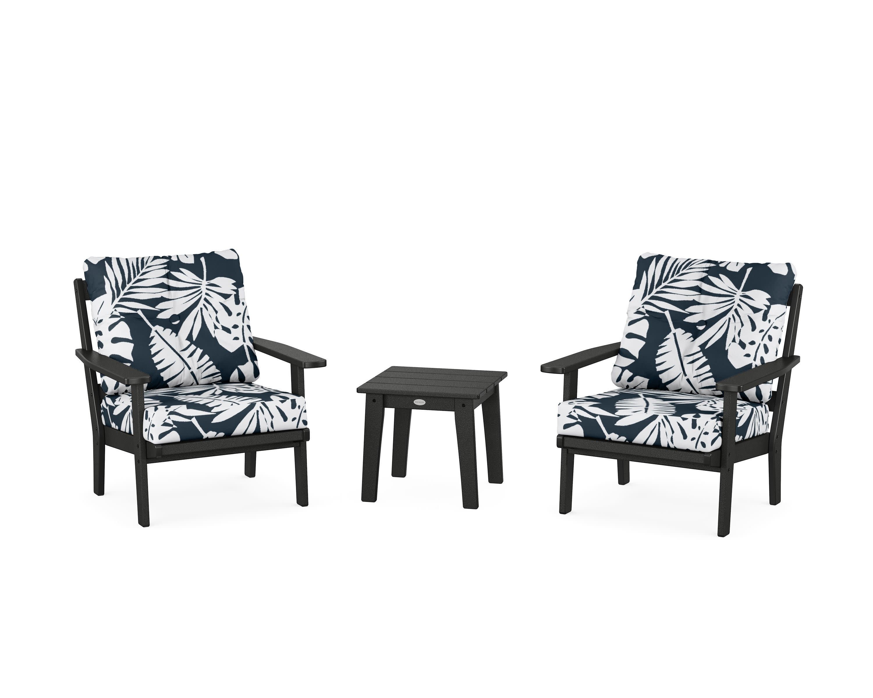 Oxford 3-Piece Deep Seating Set in Black / Leaf Marine Indigo