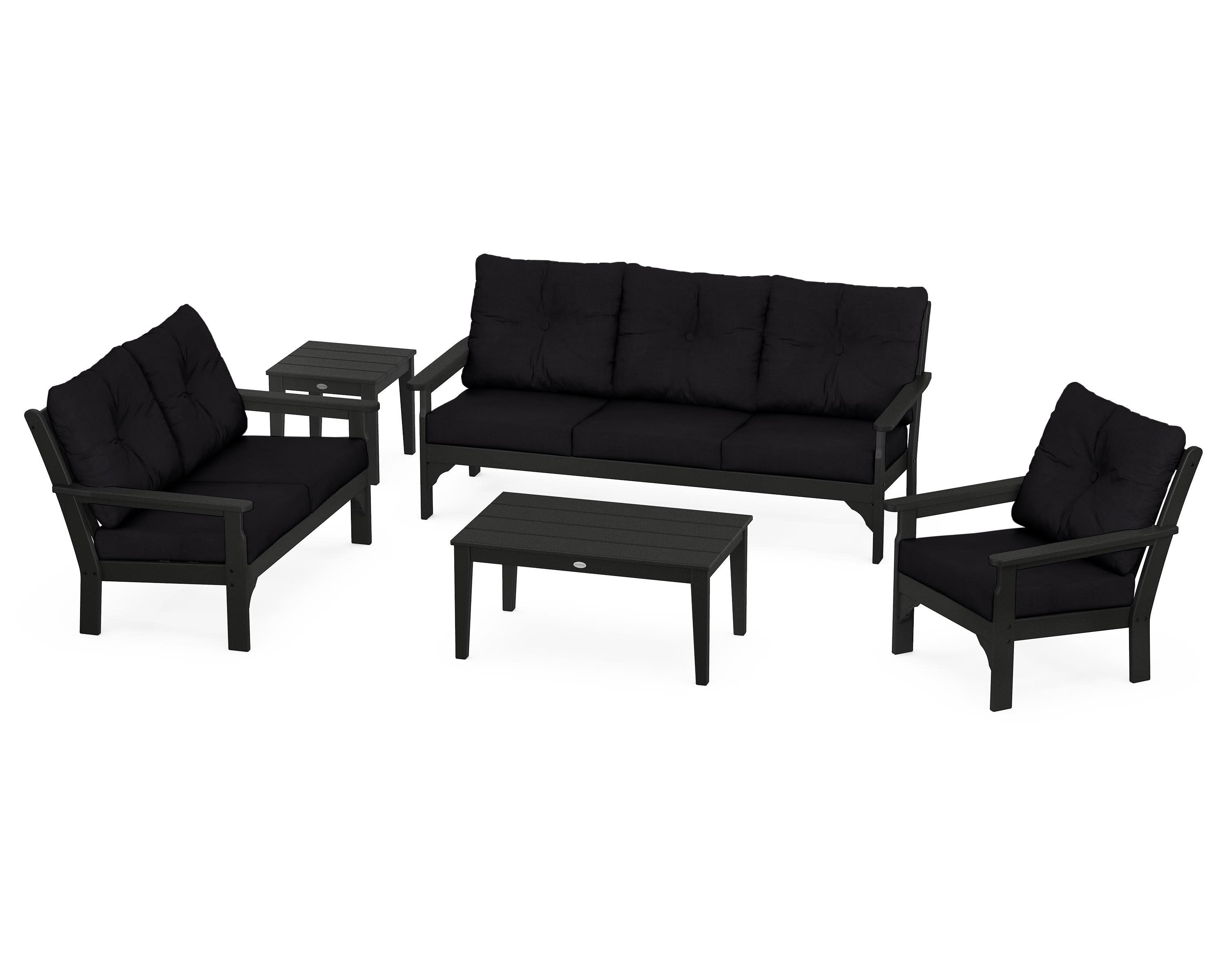 Vineyard 5 Piece Deep Seating Set in Black / Midnight Linen