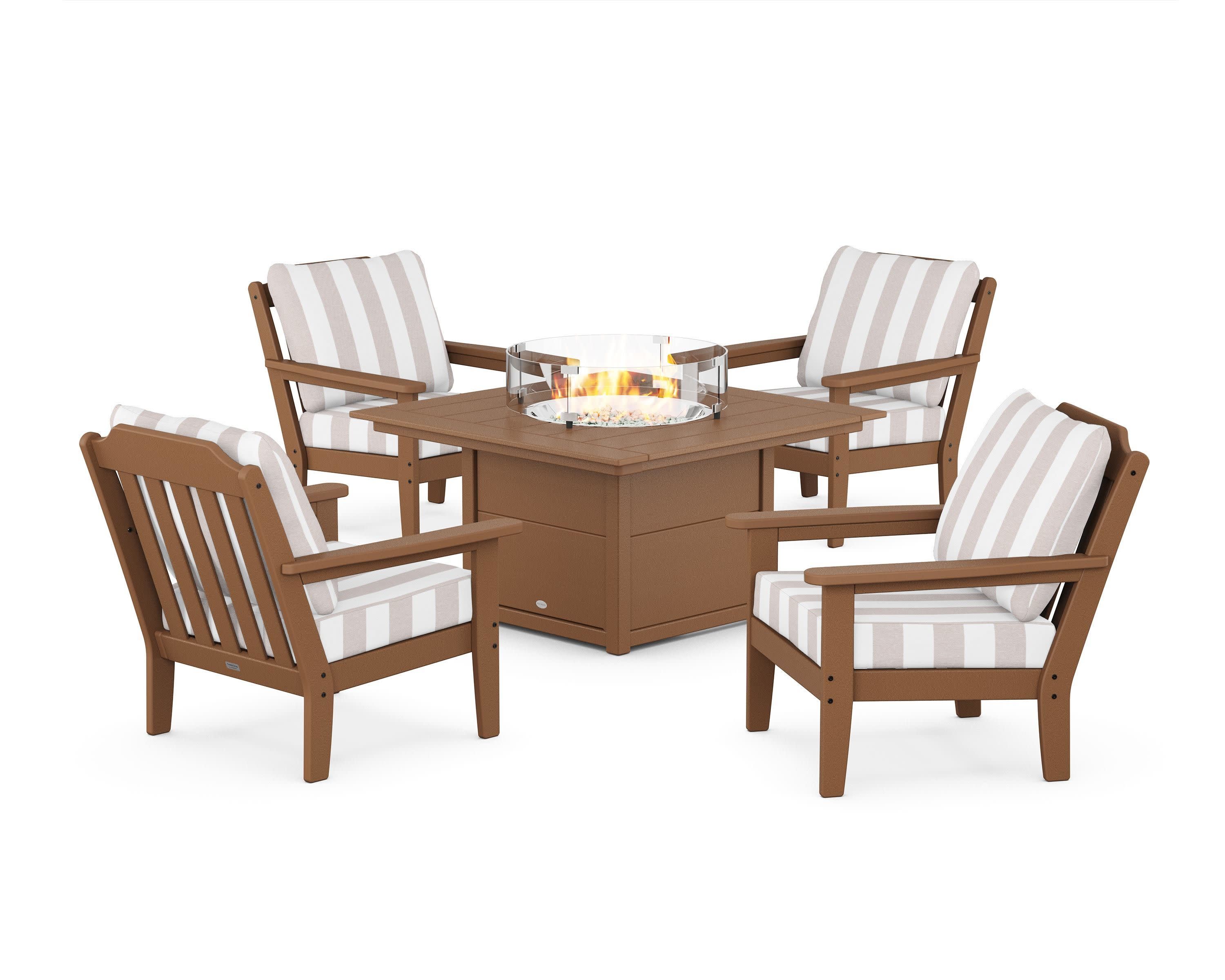 Cottage 5-Piece Deep Seating Set with Fire Pit Table in Teak / Cabana Stripe Dune Burlap