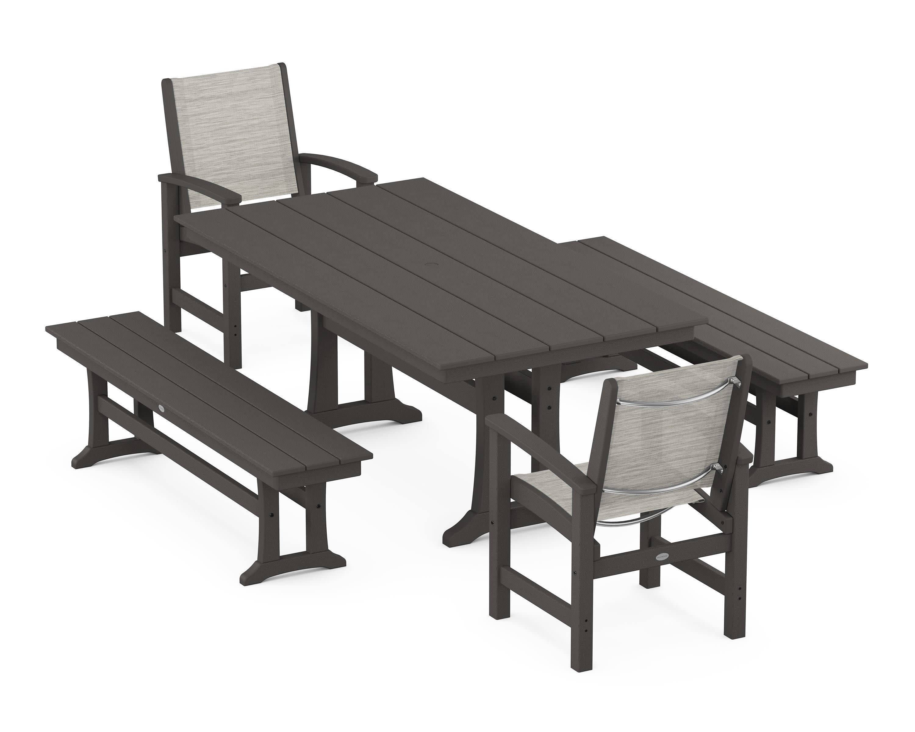 Coastal 5-Piece Farmhouse Dining Set with Trestle Legs and Benches in Vintage Coffee / Birch Sling