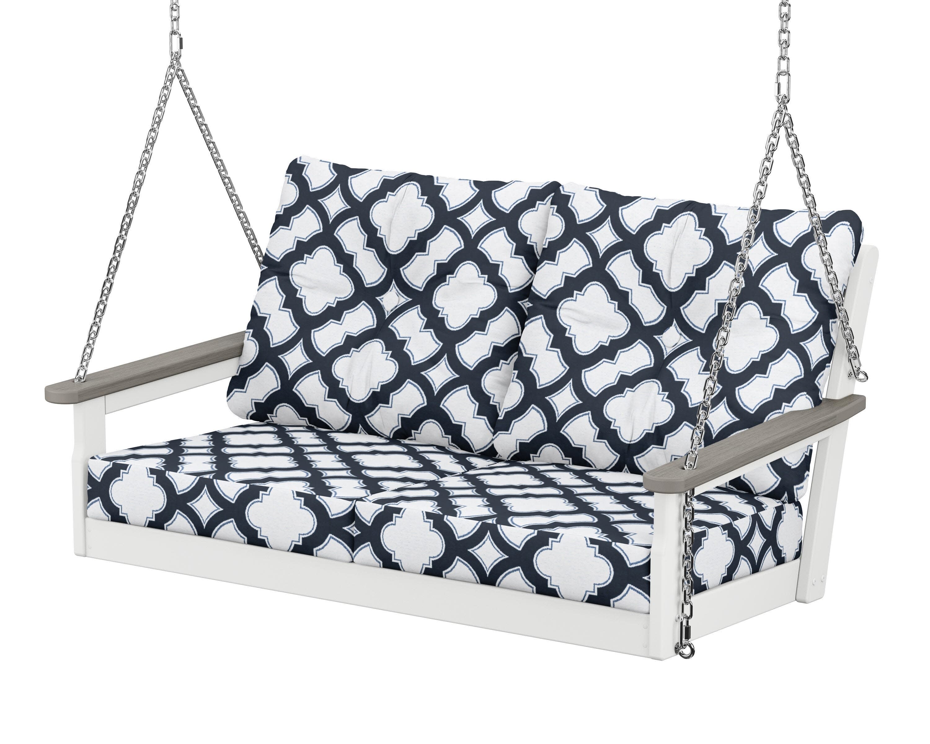 Vineyard Deep Seating Swing in White / Driftwood / Trellis Marine Indigo