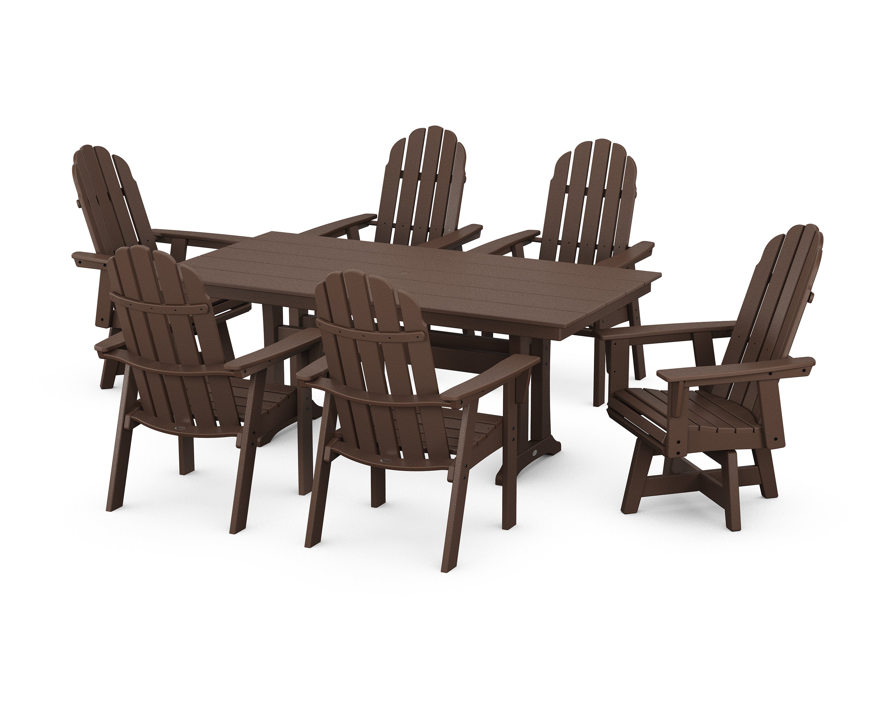 Vineyard Curveback Adirondack Swivel Chair 7-Piece Farmhouse Dining Set with Trestle Legs in Mahogany